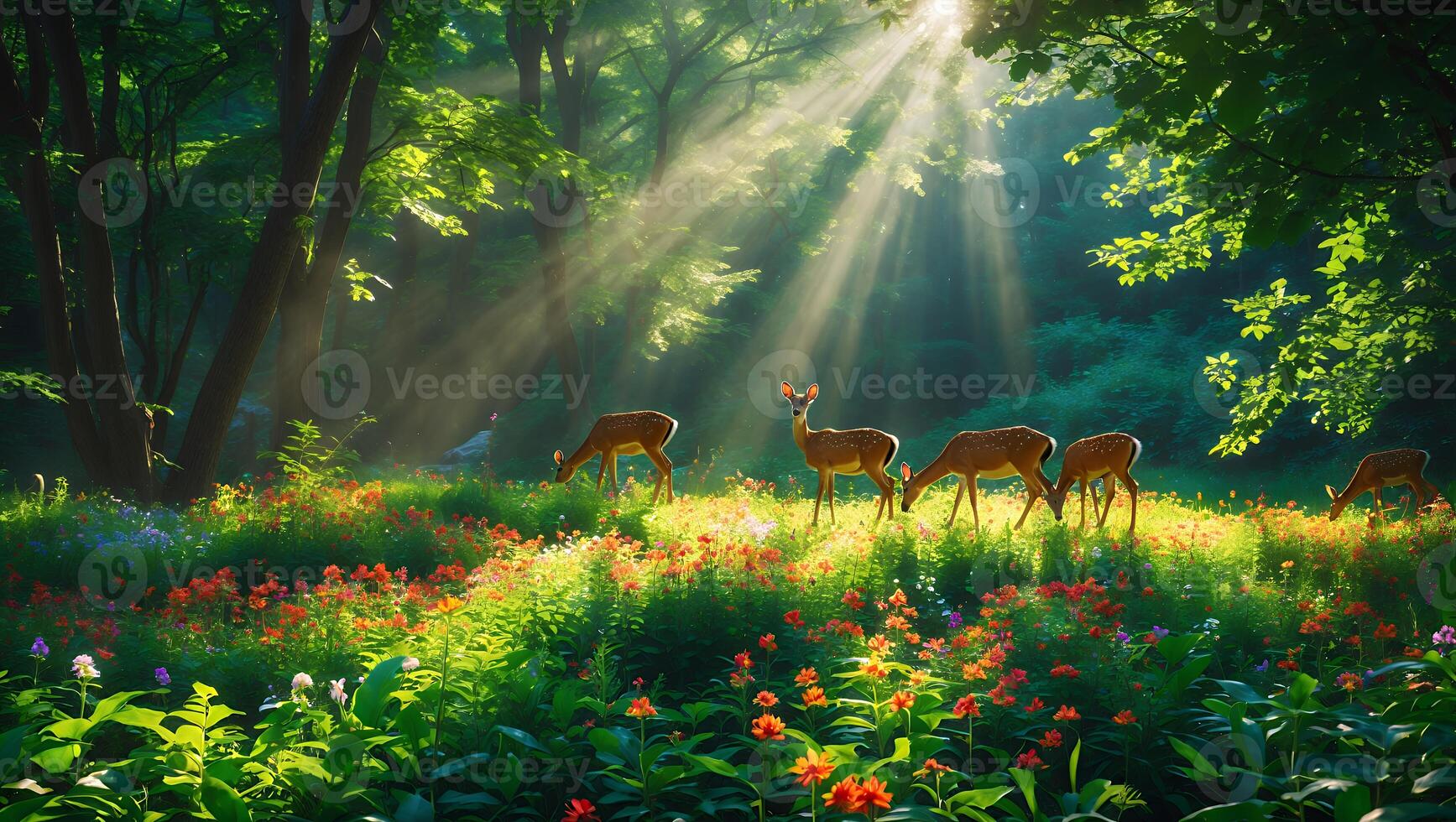Deer Grazing in Sunlit Meadow with Wildflowers in Scenic Forest photo