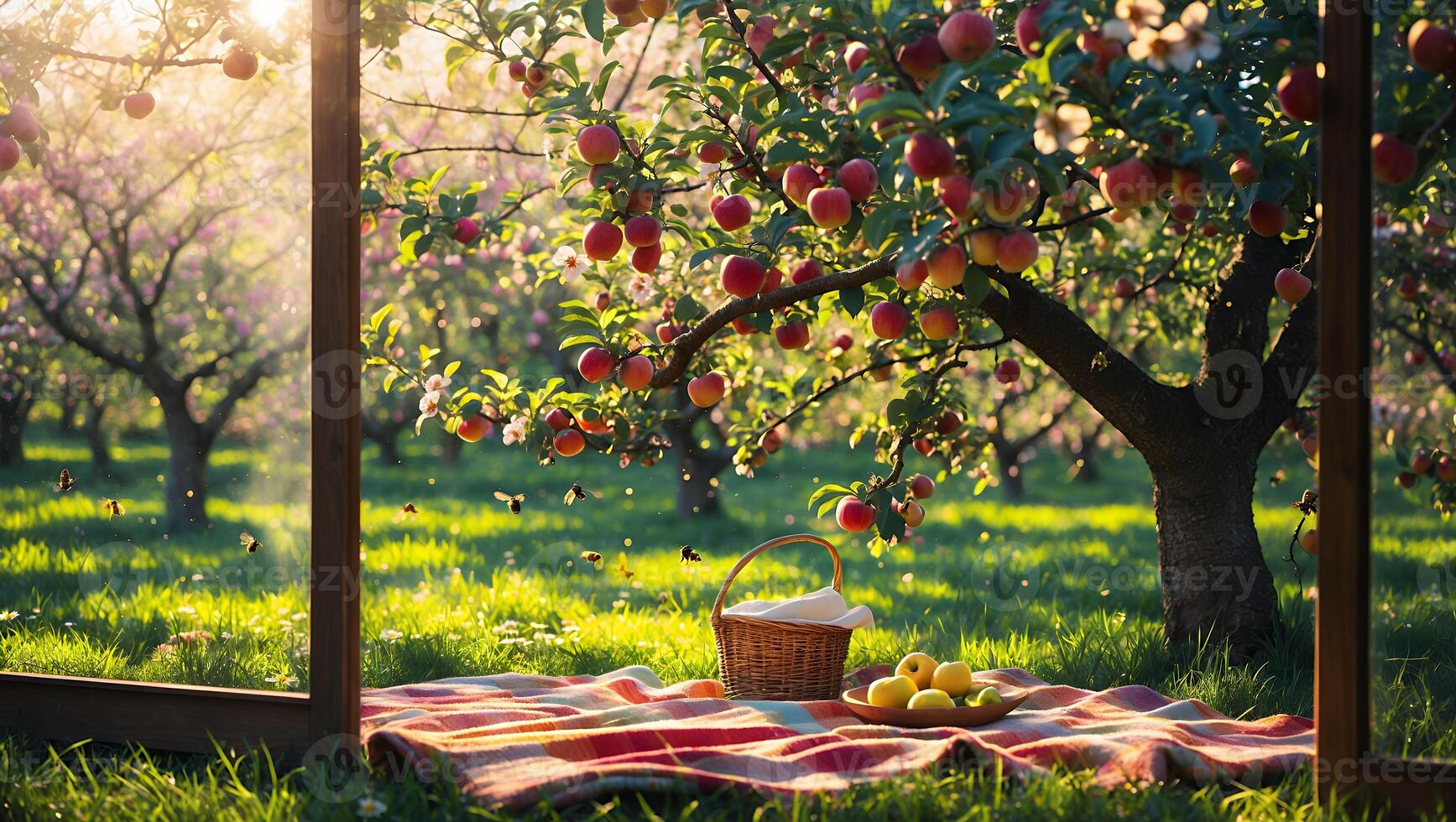 Having Picnic with Ripe Apples Under Blooming Trees in Orchard photo