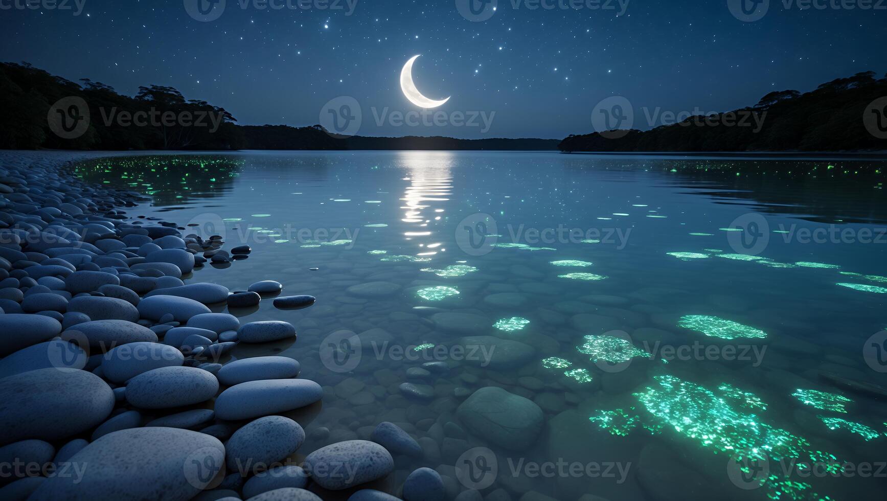 Night Lake with Moon and Stars Reflecting Off Glowing Water photo