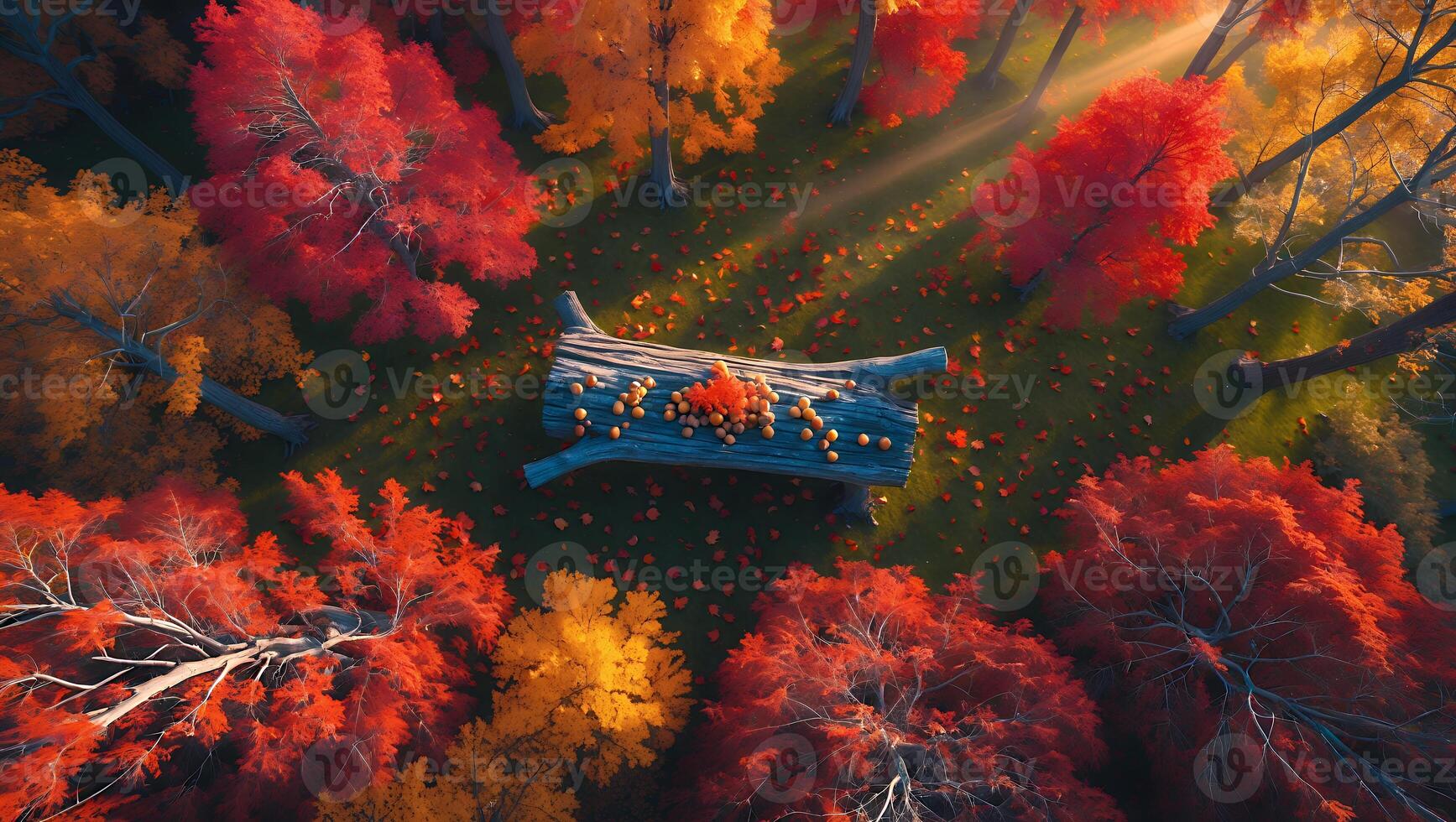 Autumnal Forest Scene View From Above with Fallen Tree Trunk photo