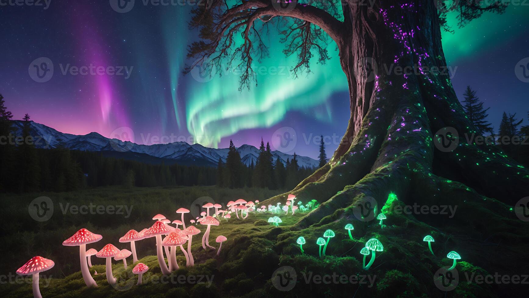 Glowing Mushrooms Under Aurora Borealis Near Ancient Tree at Night photo