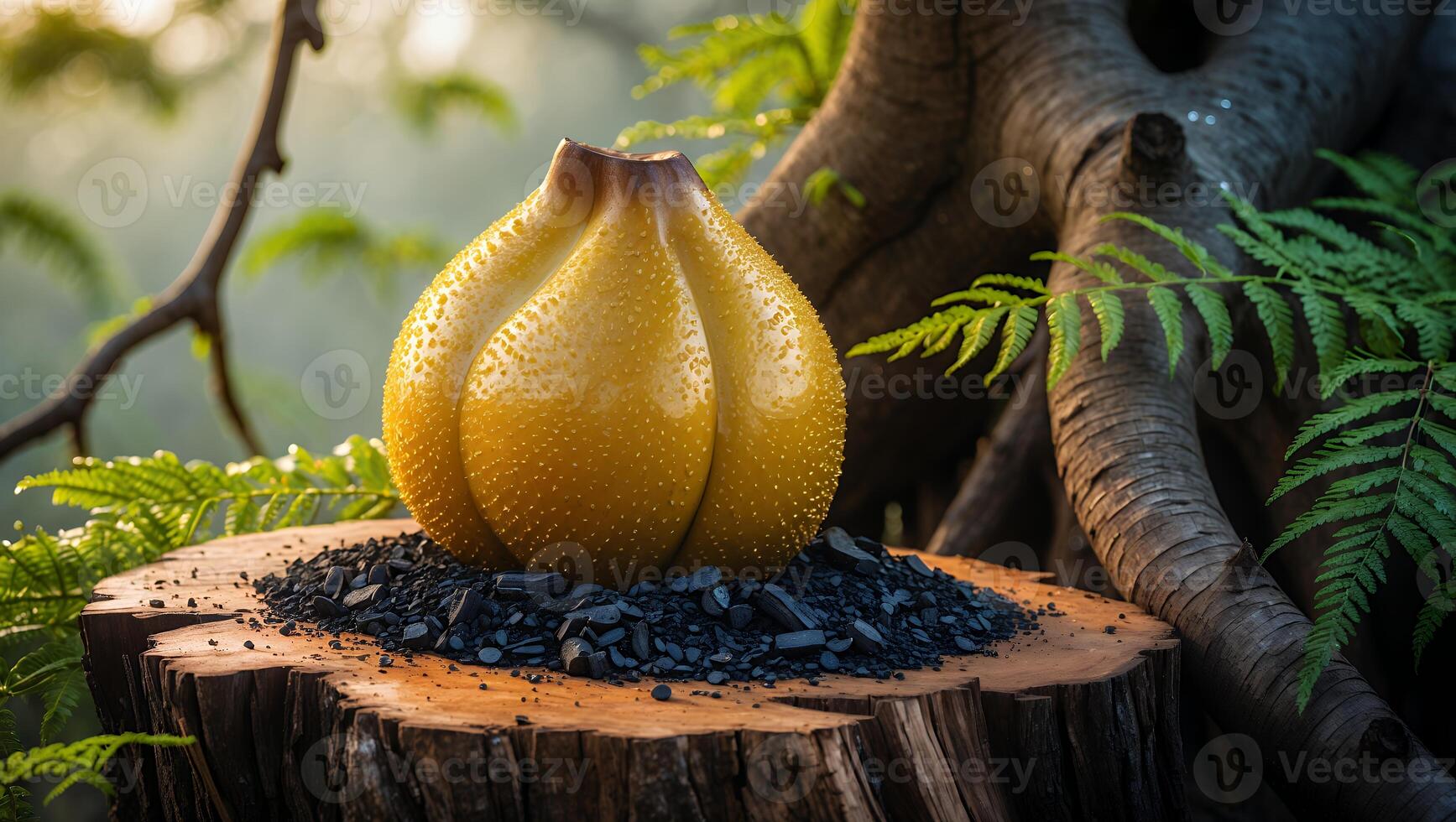 Still Life of Yellow Melon on Tree Stump with Ferns photo