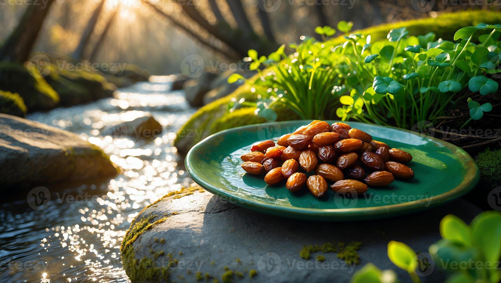 Serving Dates on Green Plate Beside Flowing River in Nature photo