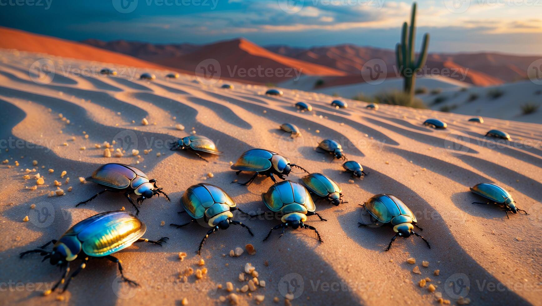 Beetles Marching Across Sand Dunes at Sunset with Cactus Silhouette photo