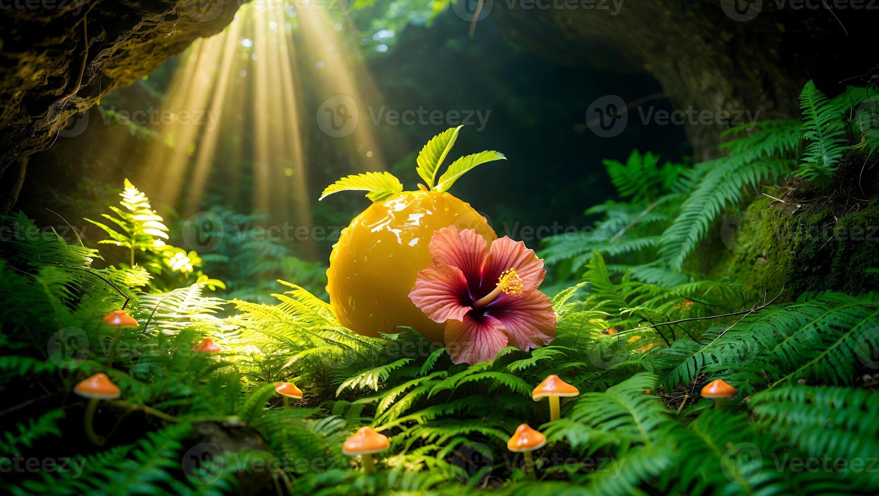 Hibiscus Flower and Orange Fruit in Forest with Sunbeams photo
