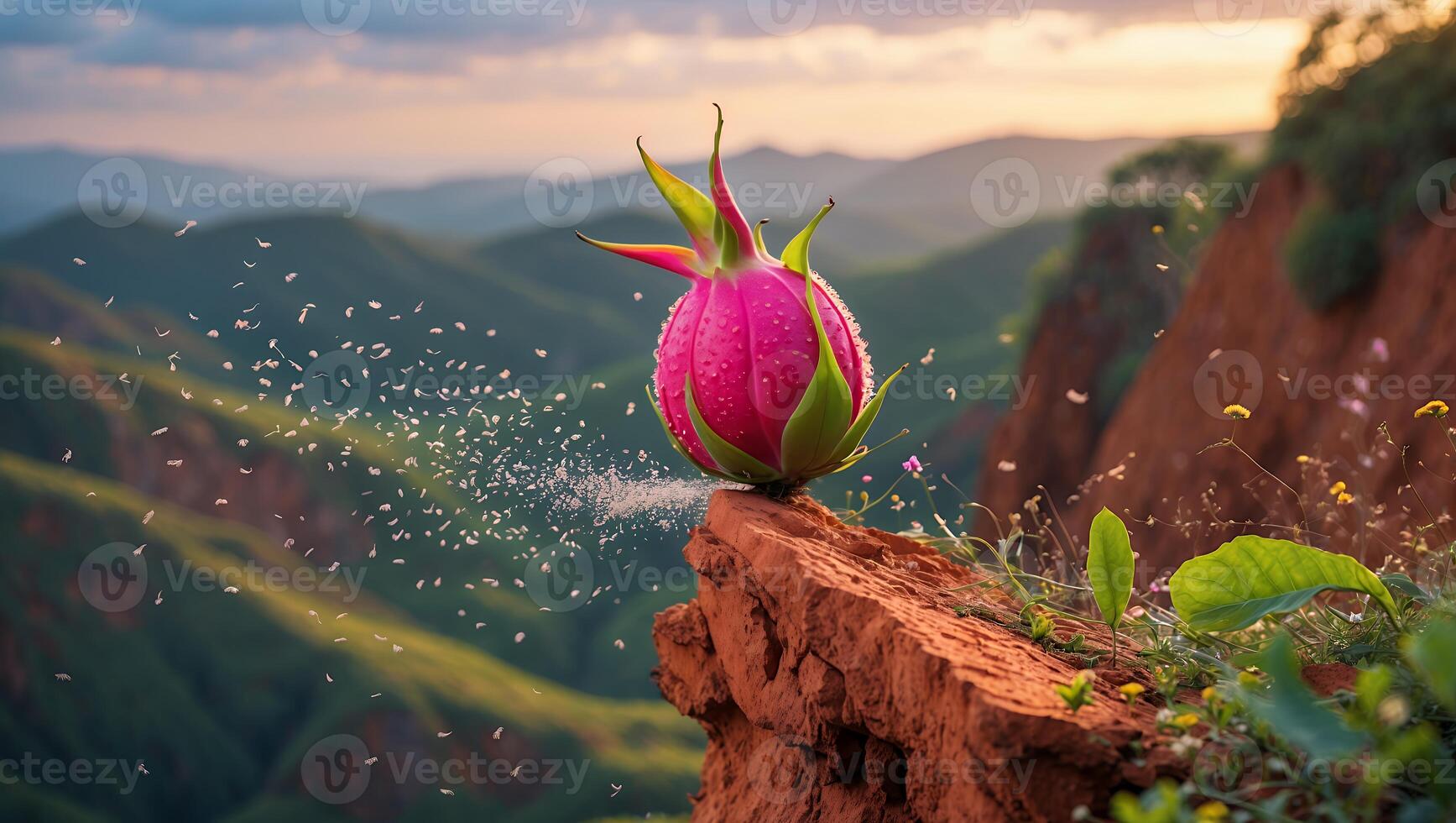 Pink Flower Bud on Cliff Edge with Mountain Range Background photo