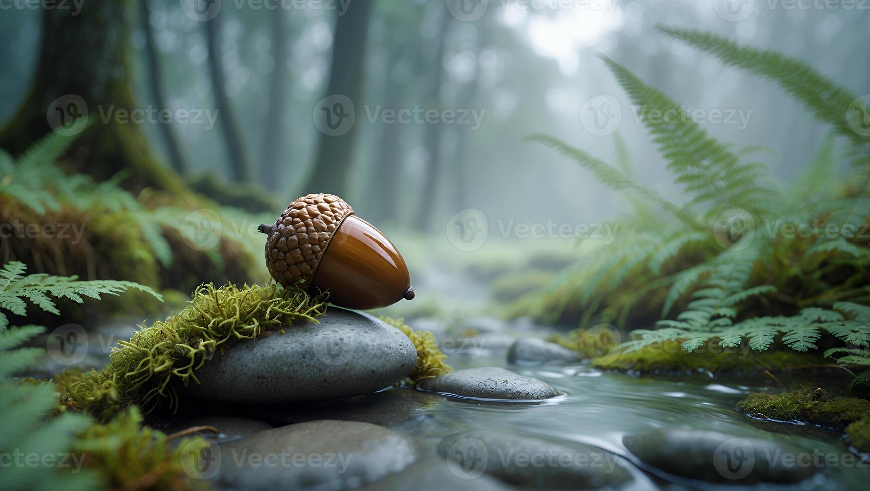 Acorn Resting on Mossy Rock by Forest Stream in Foggy Setting photo