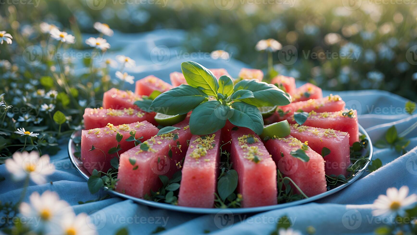 Serving Fresh Watermelon with Basil and Lime in a Garden photo