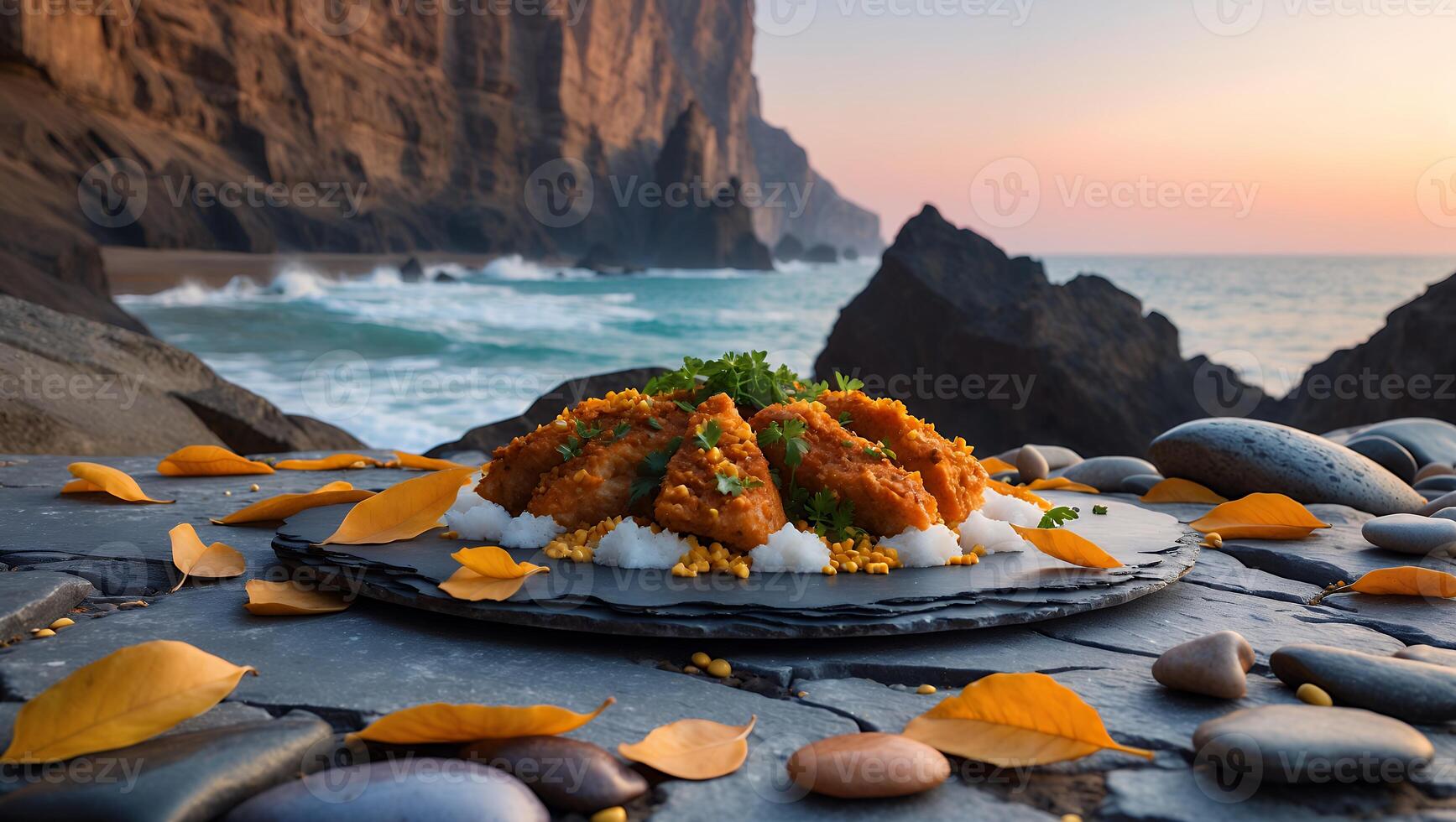 Appetizing Chicken Dish Presentation by Ocean with Scenic Cliff Backdrop photo