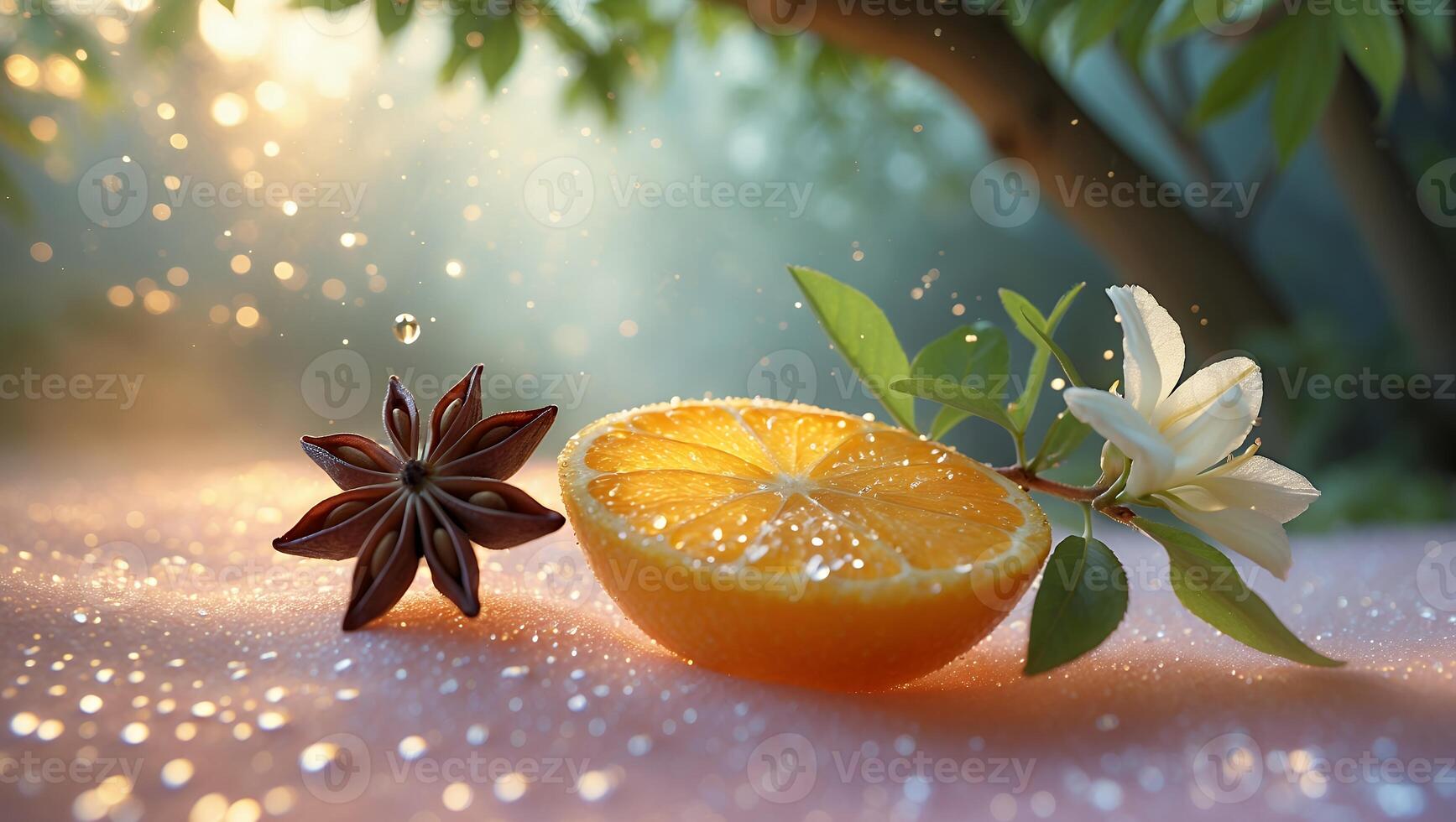 Star Anise with Orange Slice and White Flower on Glittering Surface photo