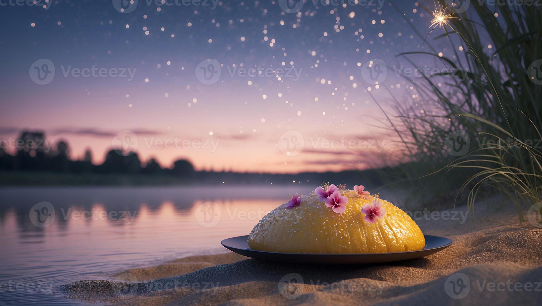 Dessert with Flowers at Dusk on a Beach Next to Water photo