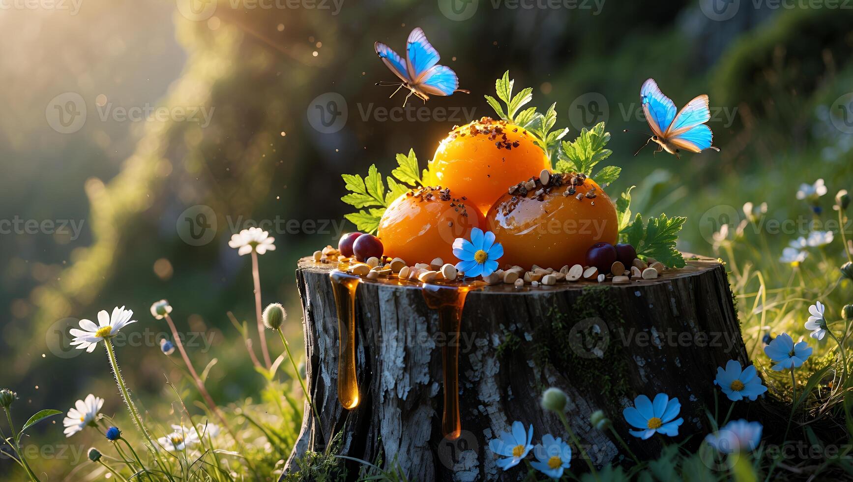 Serving Apricots with Cherries on Tree Stump in Sunny Meadow photo