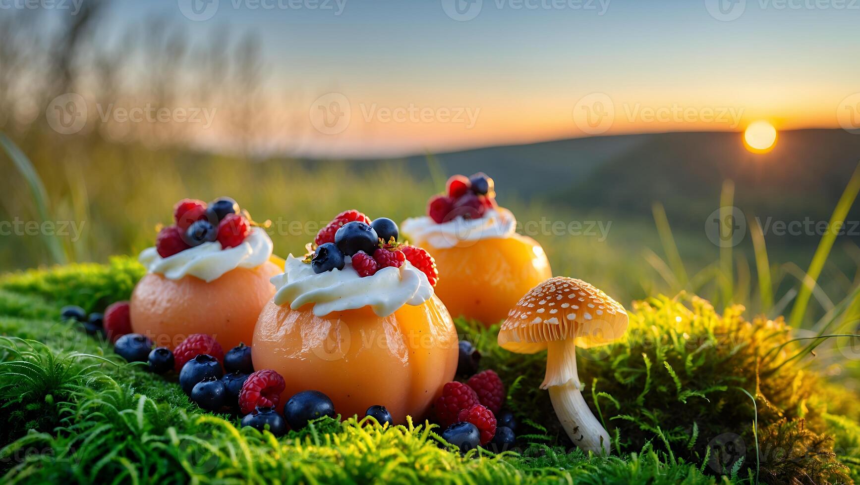 A mushroom and fruit on a mossy hillside photo