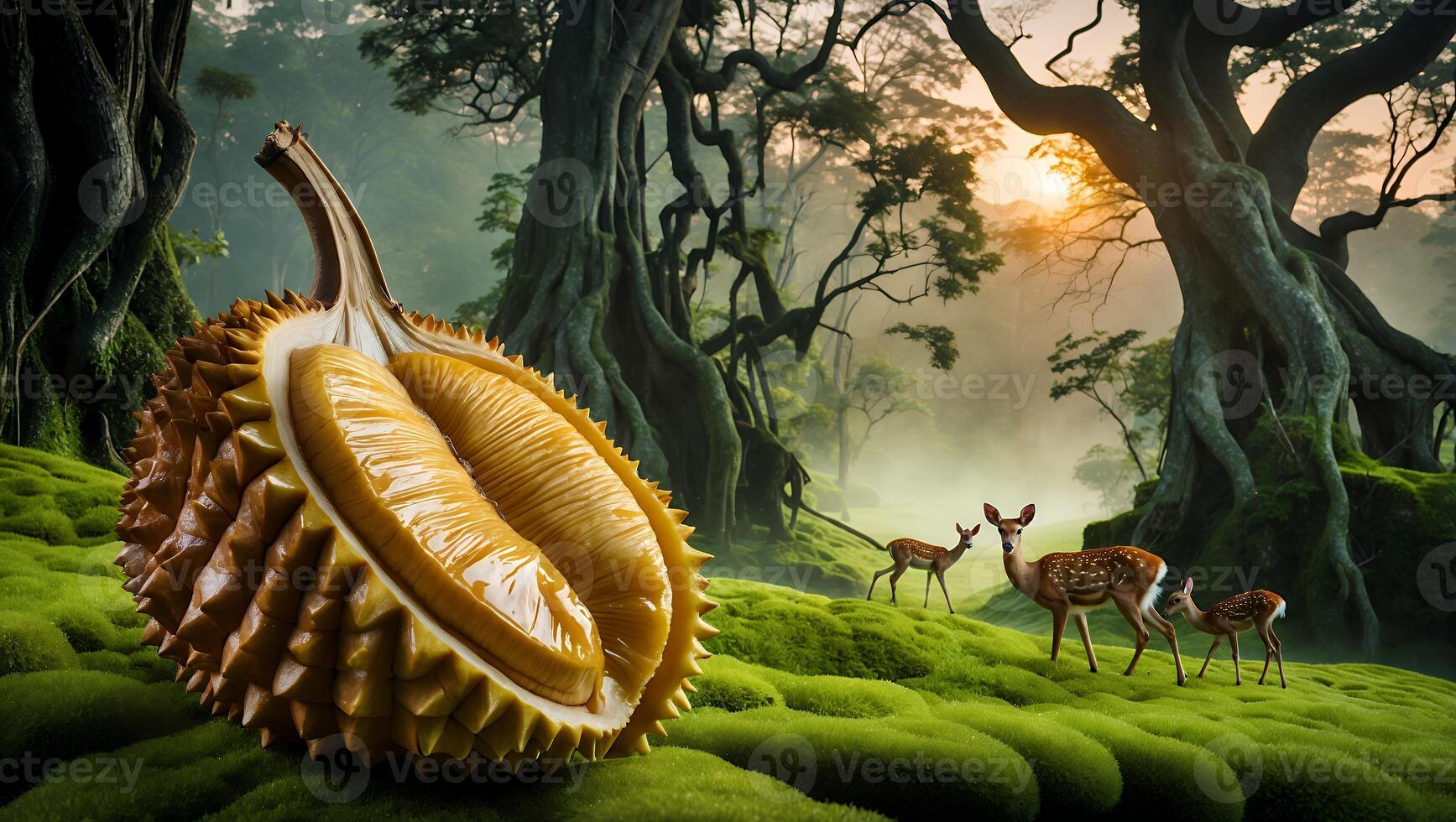 Open Durian Fruit in Forest with Deer at Golden Sunset photo