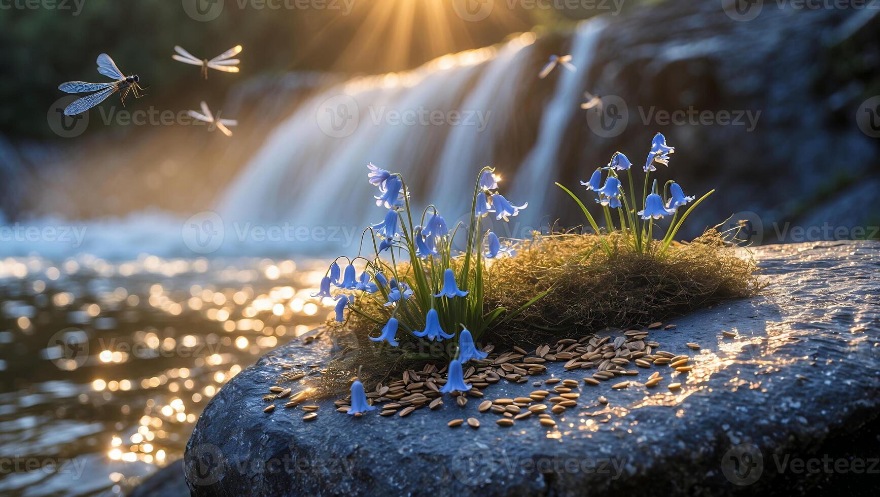Bluebell Flowers by Waterfall with Flying Insects in Golden Sunlight photo