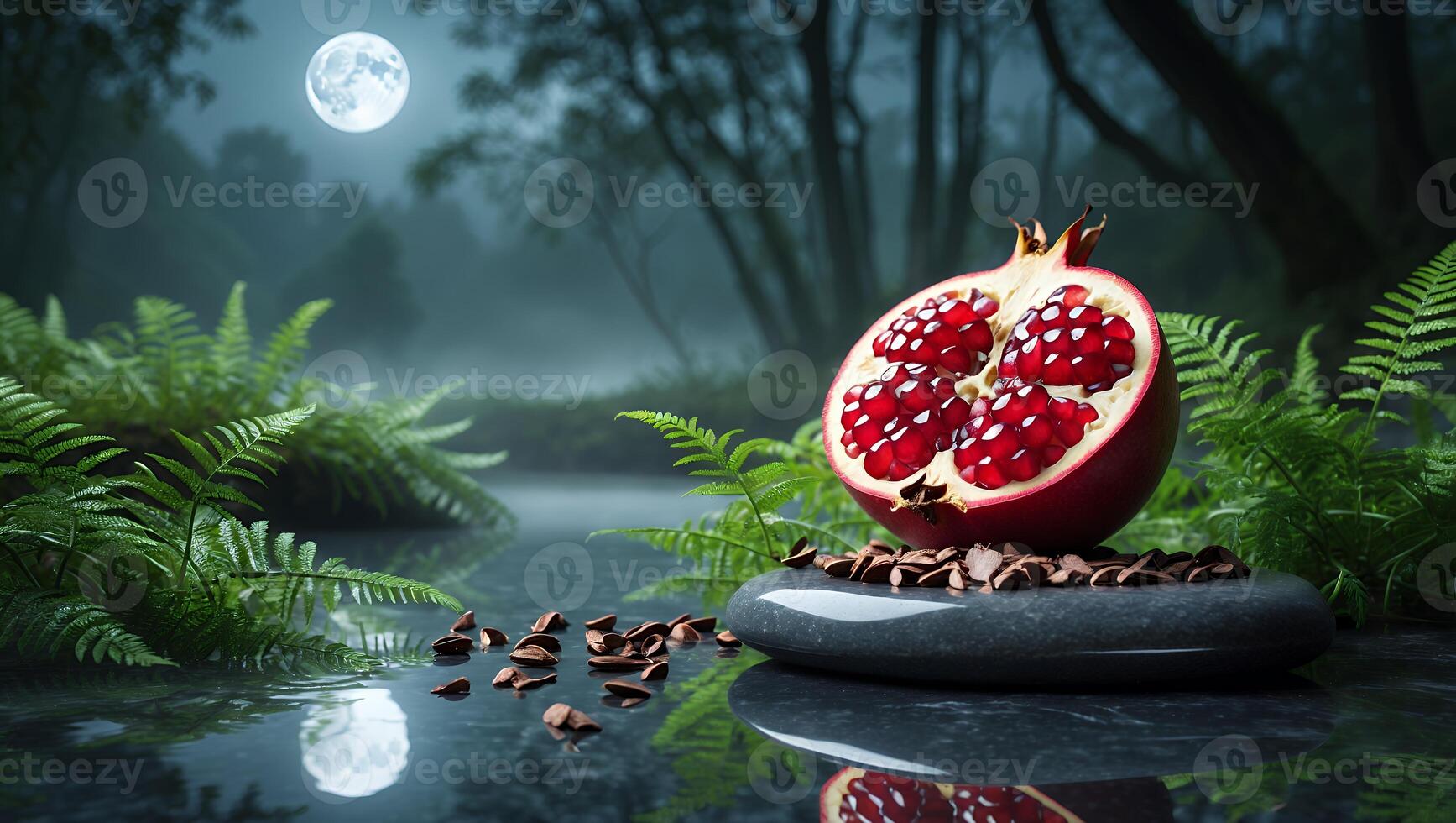 Pomegranate on Stone with Reflection at Night in Forest Scene photo