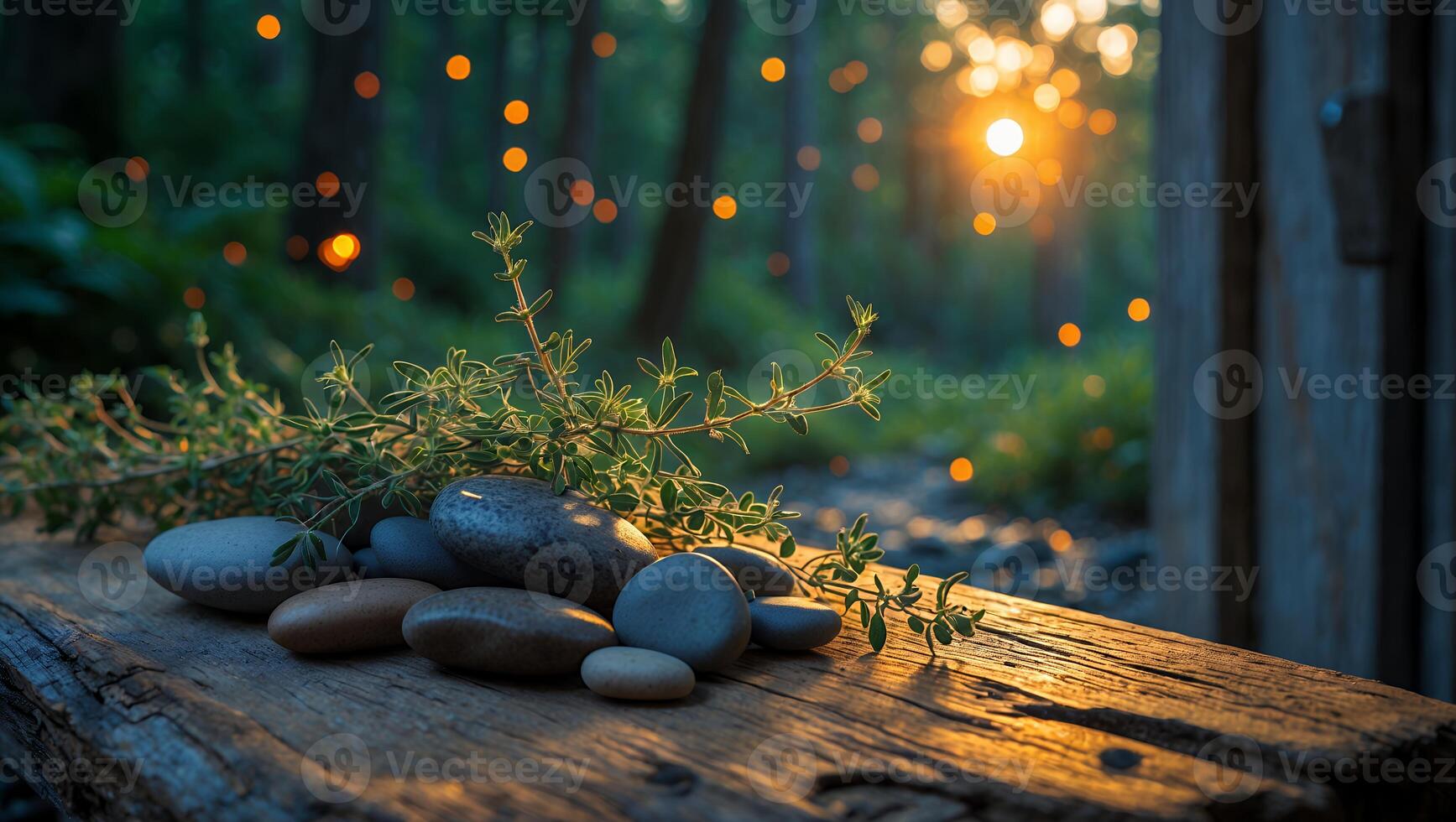 Smooth Stones and Thyme on Wood with Forest Sunset Backdrop photo