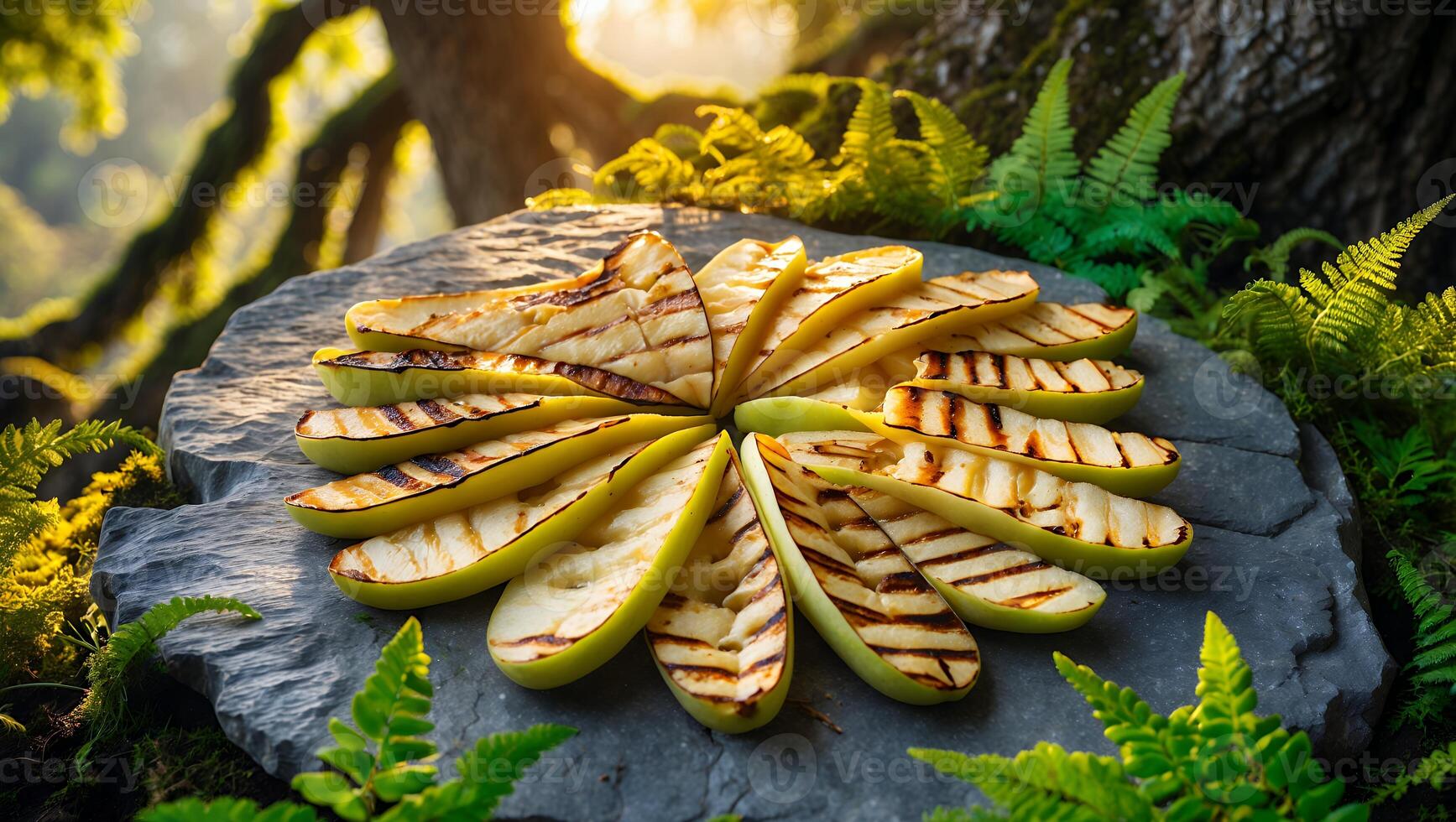 Grilled Apple Slices Arranged on Stone Slab in Forest Setting photo