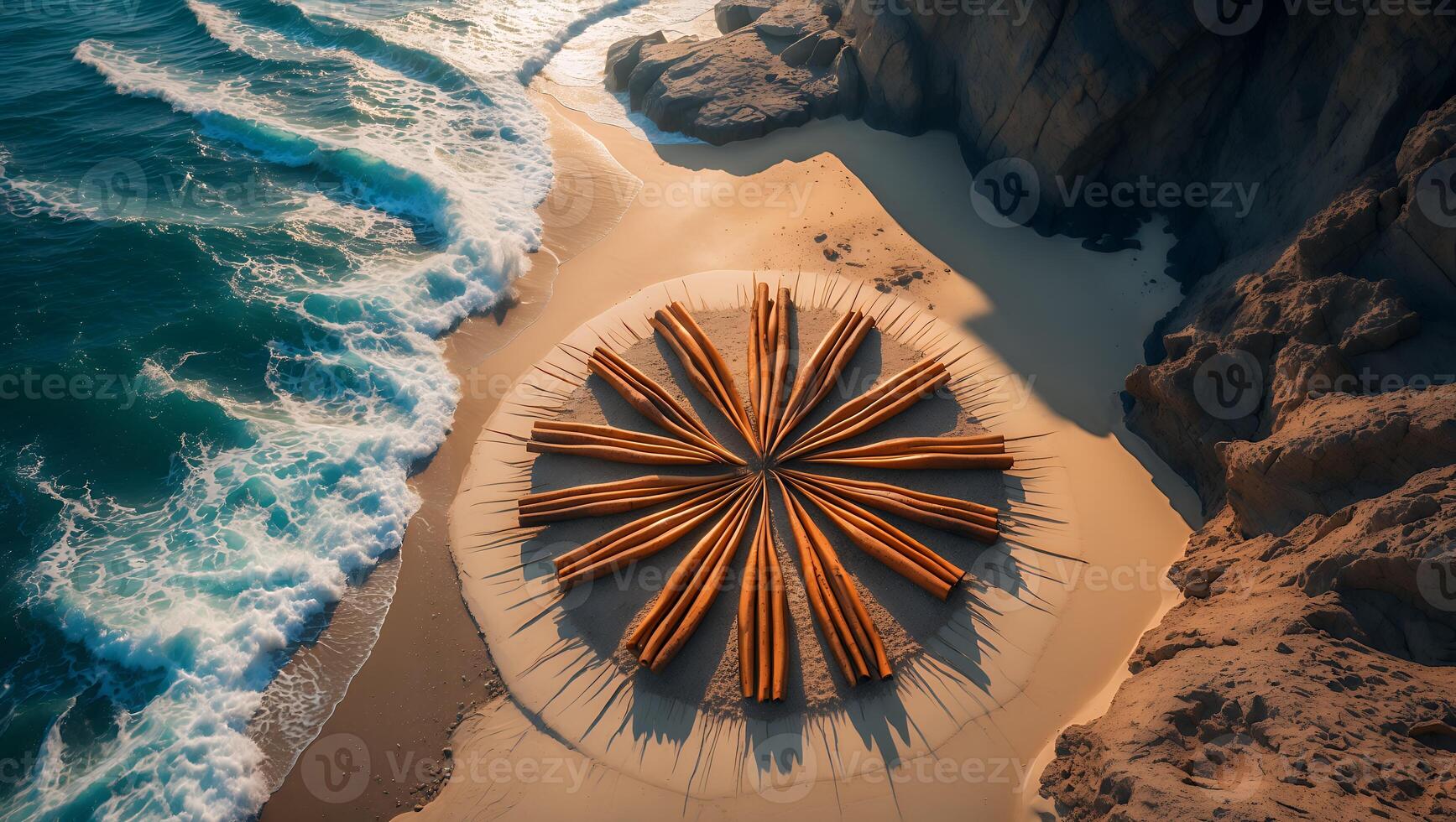 Cinnamon Sticks Arranged on Beach Sand Near Ocean and Coastal Cliffs photo