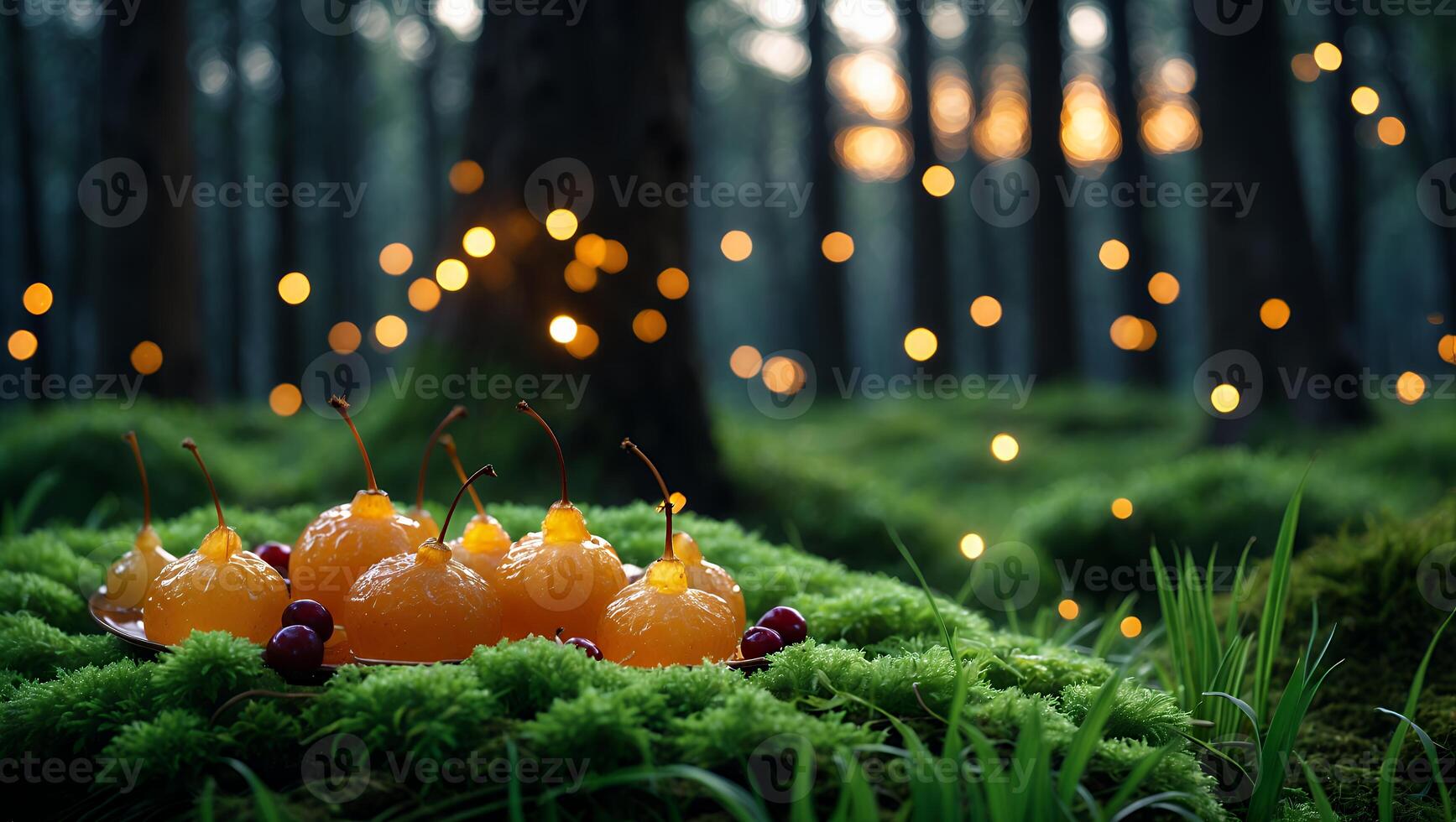 Ornate Candied Fruit Displayed on Moss in Enchanting Forest Setting photo