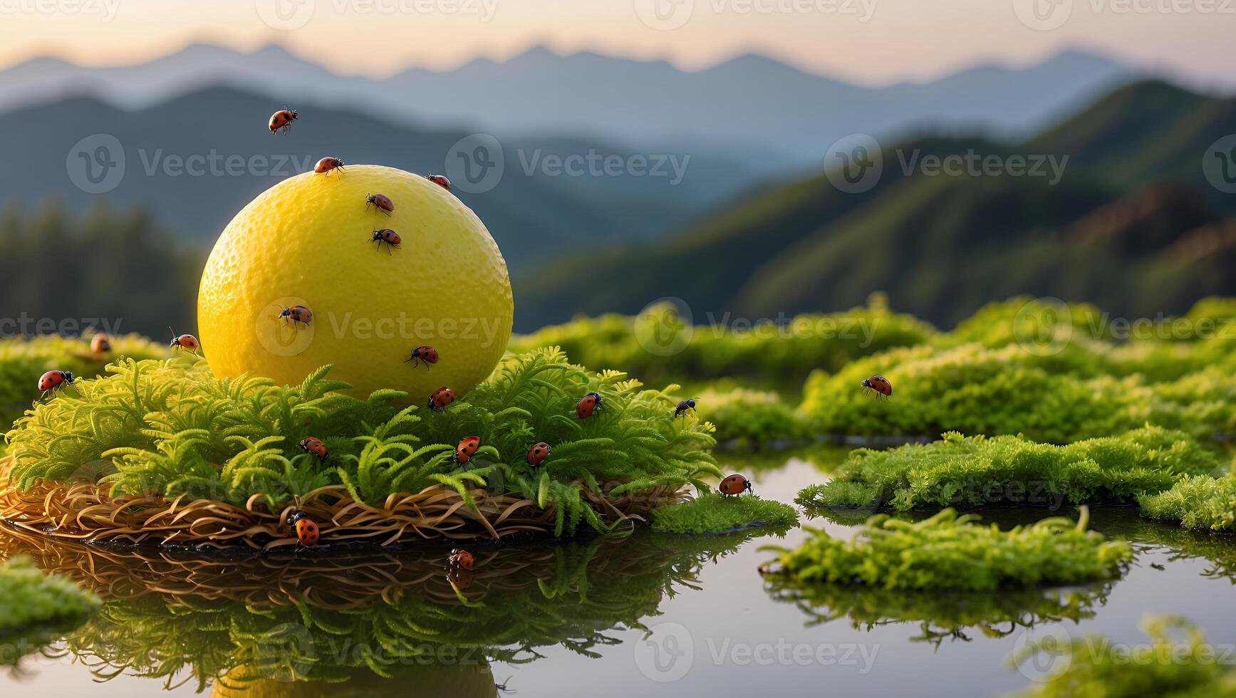 Lemon Surrounded by Ladybugs in a Mossy Landscape Reflection photo