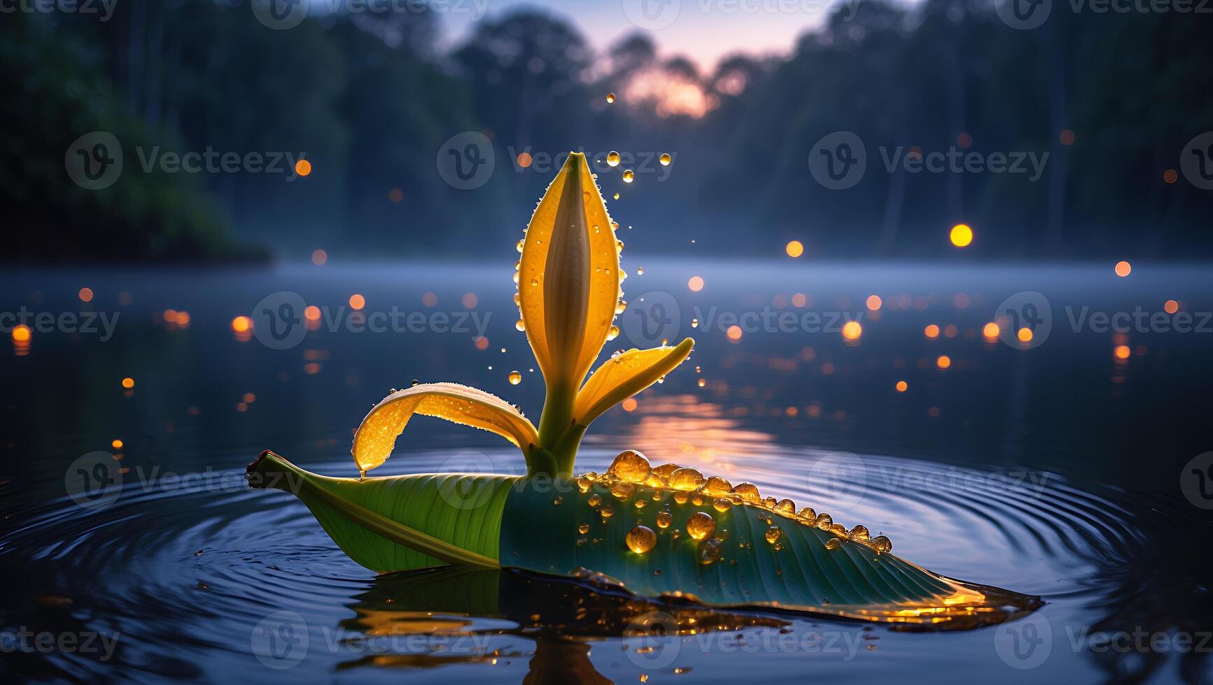 Floating Leaf and Flower with Water Droplets on Peaceful Lake photo