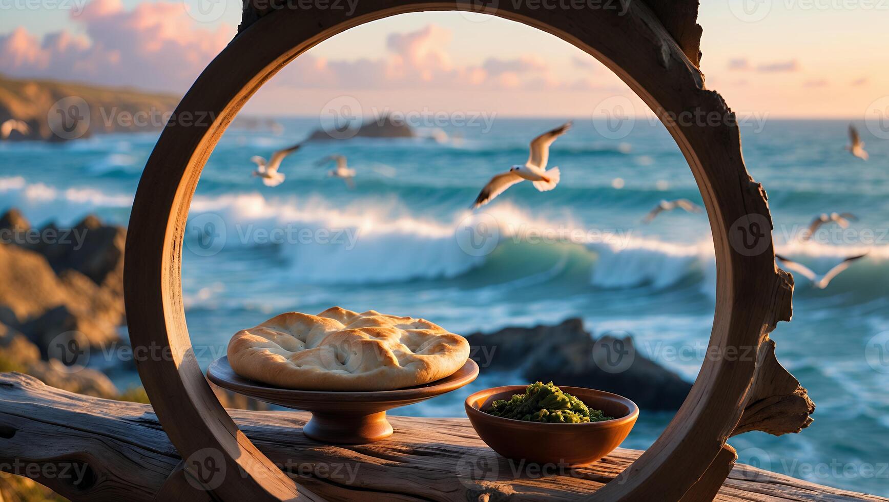 Coastal Still Life Bread and Dip with Ocean Waves and Seagulls photo