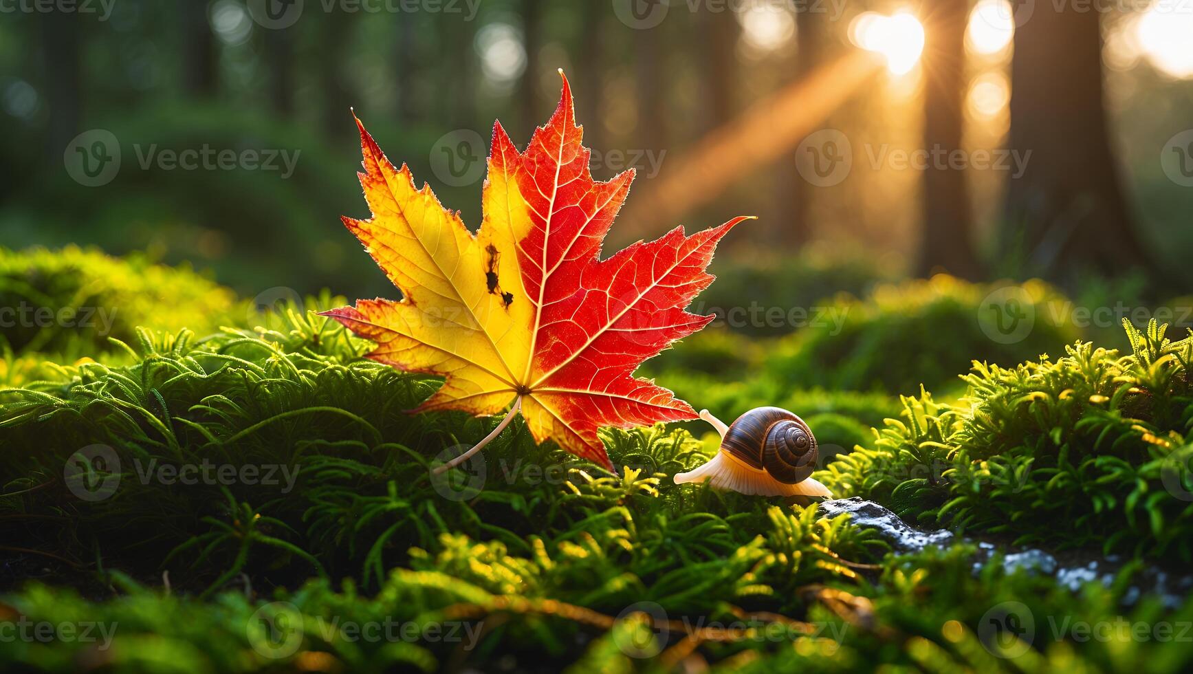 Snail Crawling Near Maple Leaf in Forest with Sunlight Shining Through photo