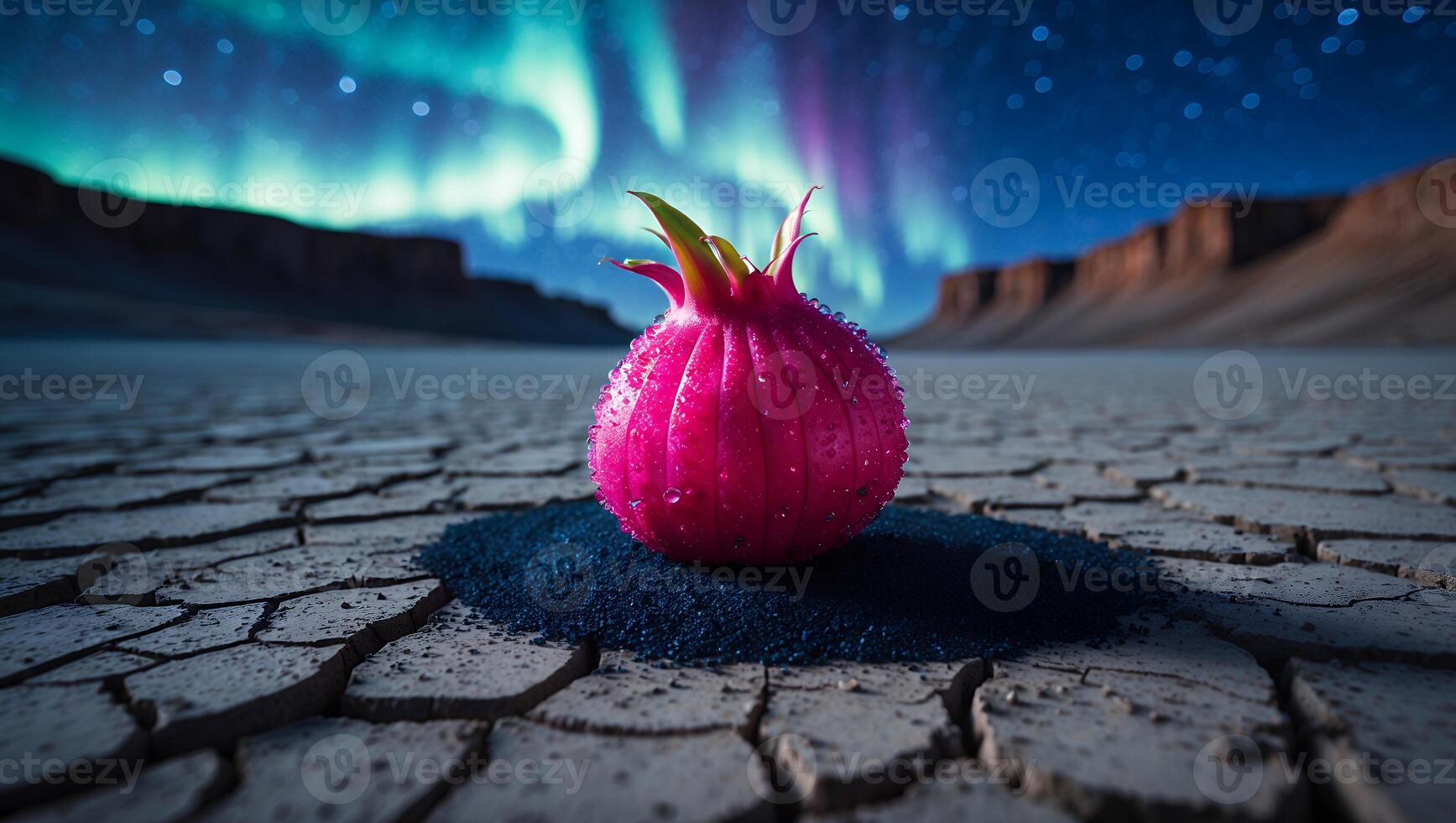 Pink Fruit on Cracked Earth Under Aurora Borealis Night Sky photo
