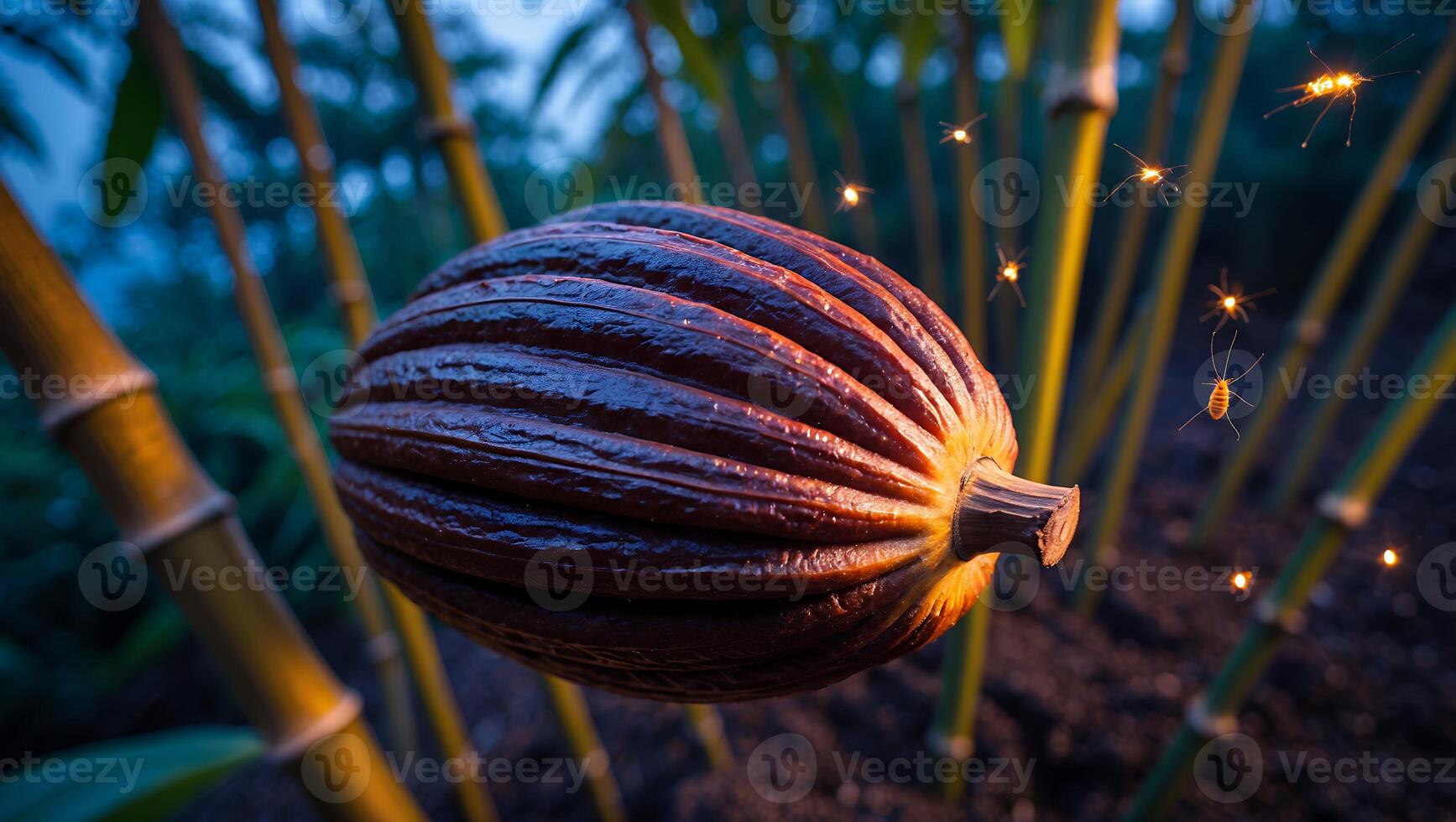 Cacao Pod in Tropical Forest with Fireflies at Twilight photo