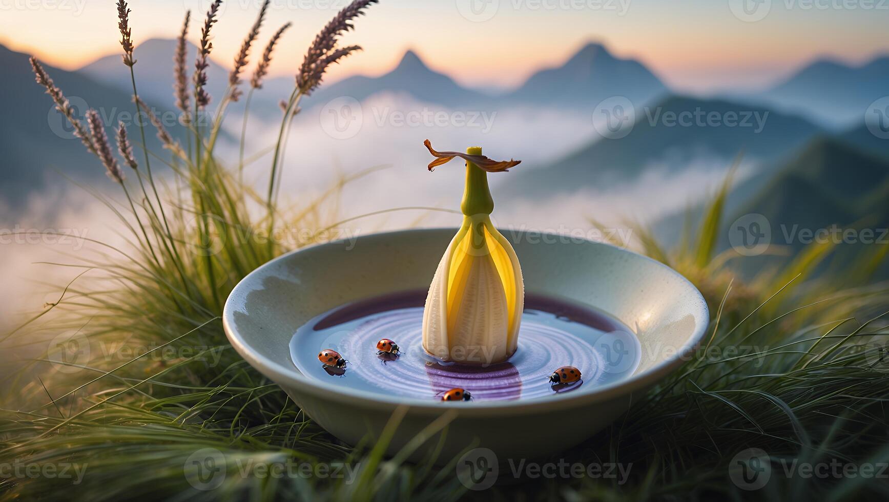 Flower in Bowl with Ladybugs on Mountain Meadow at Sunset photo