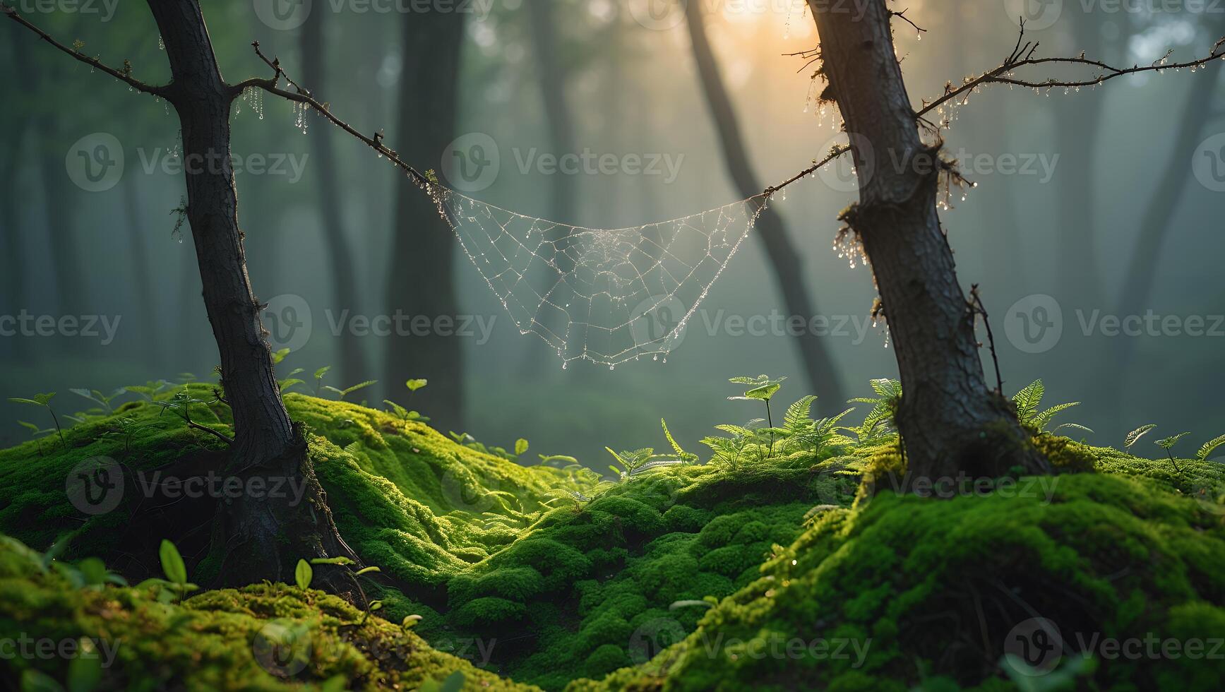 Spiderweb in Forest with Moss and Dewdrops at Sunrise photo