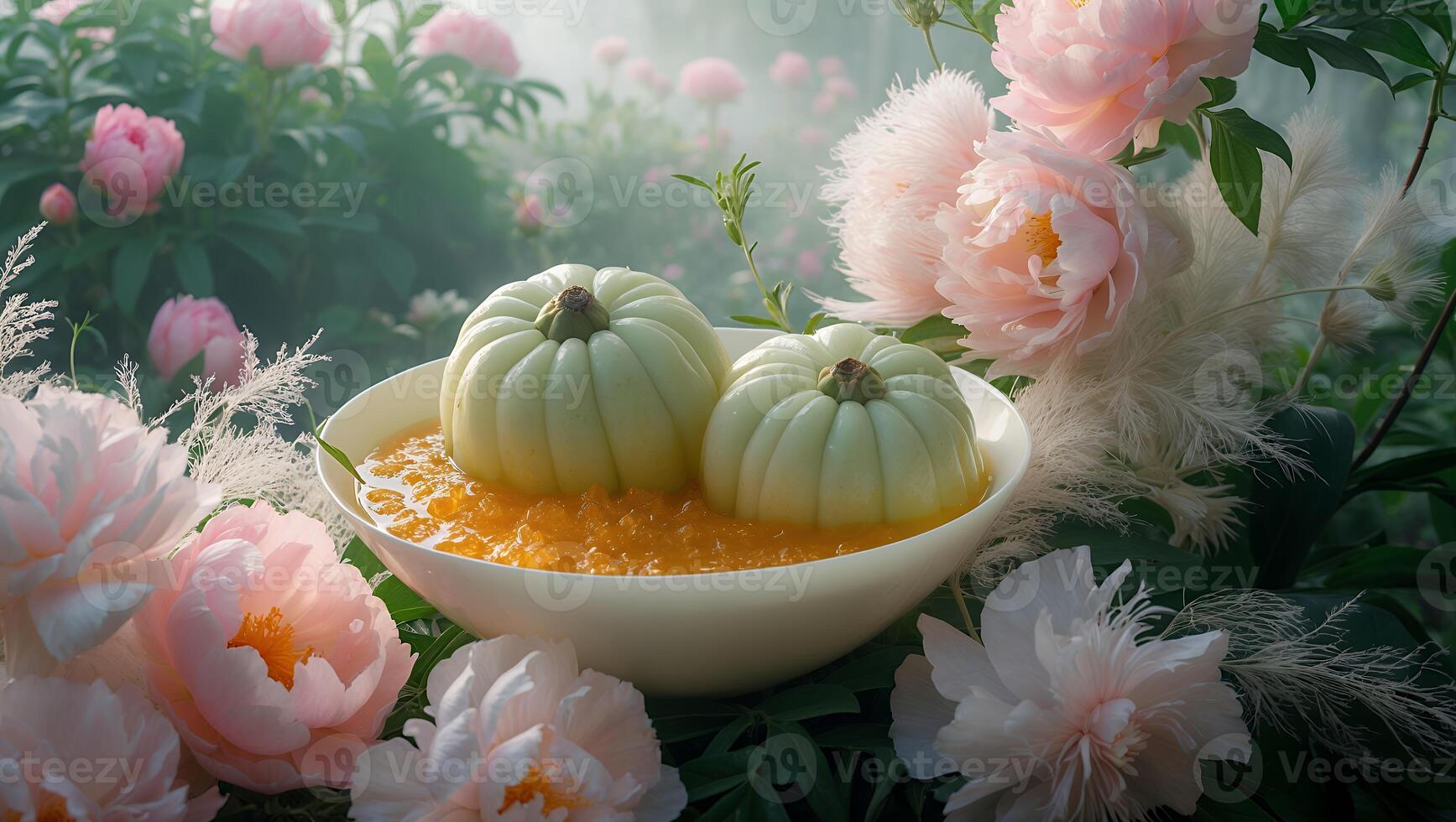 Serving Green Pumpkins in Bowl with Orange Sauce Among Pink Peonies photo
