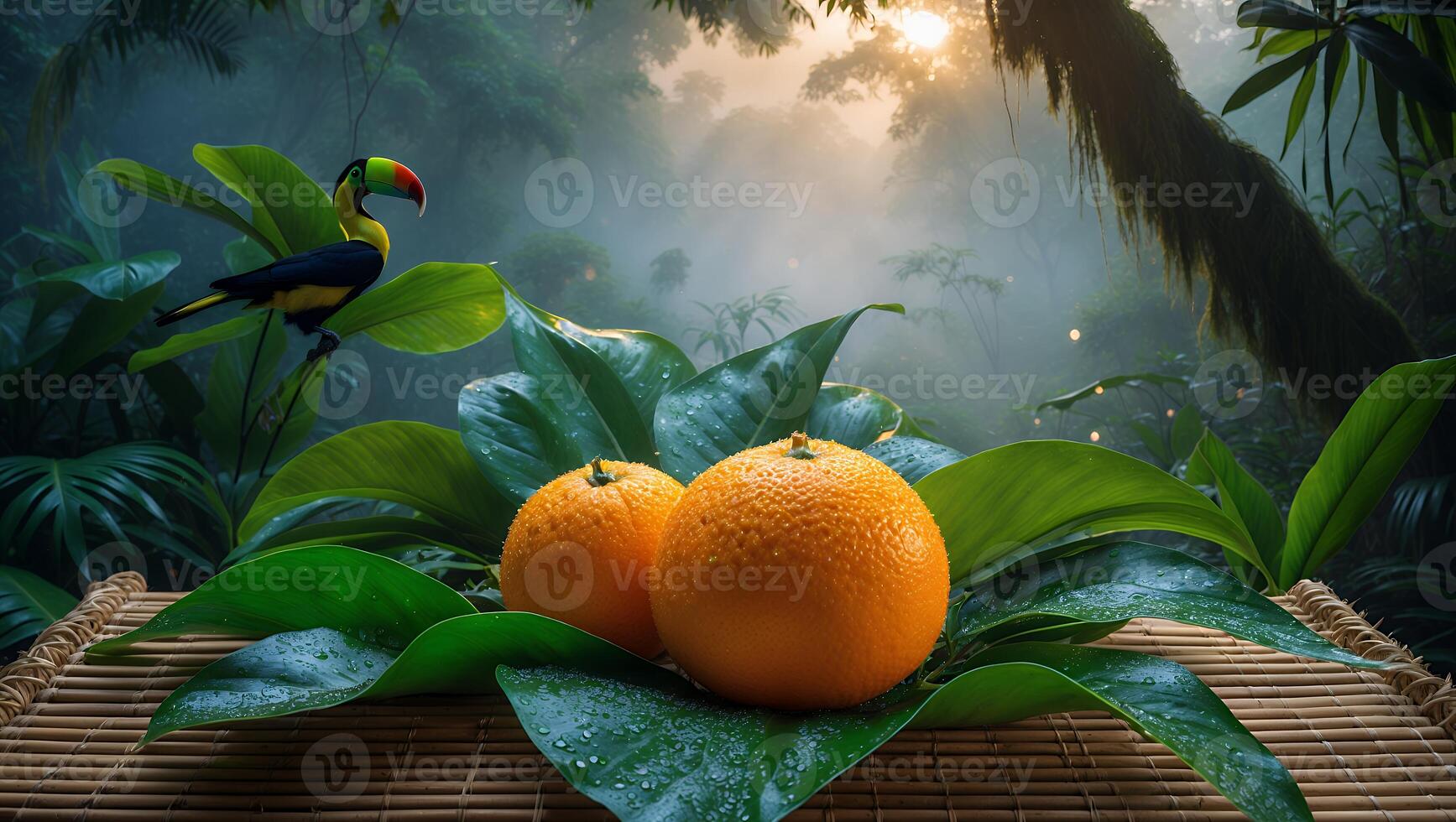 Tropical Fruits and Exotic Bird in a Lush Jungle Setting photo