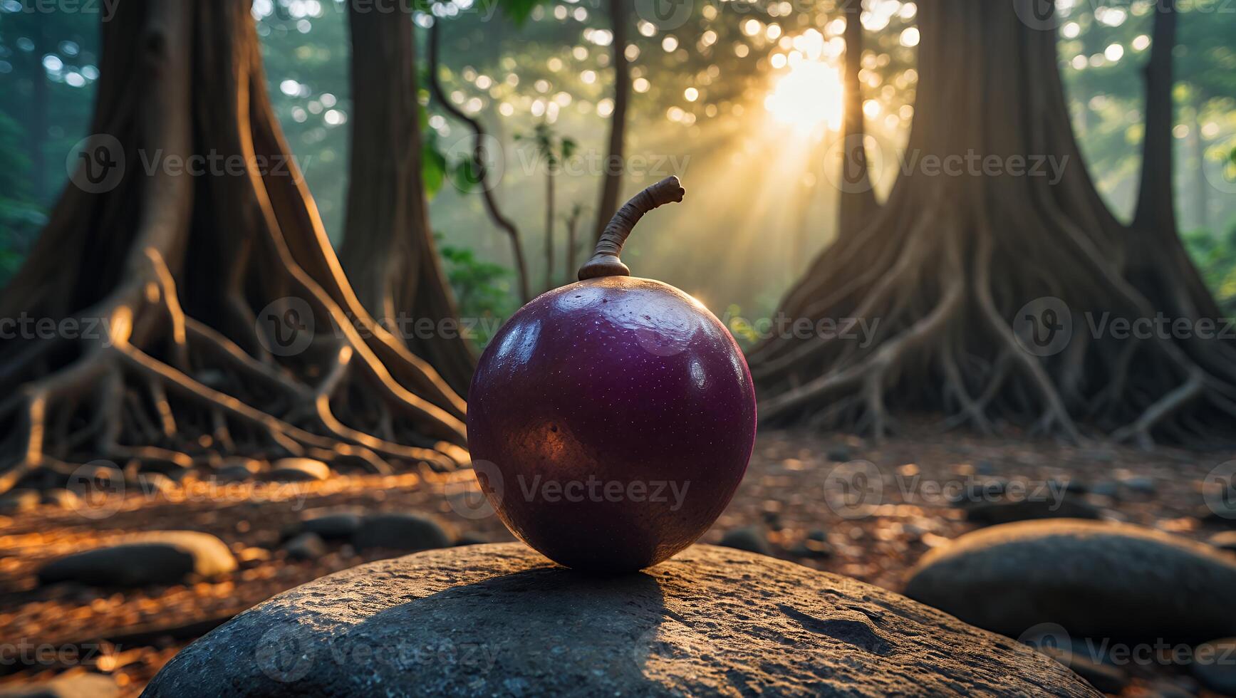 Purple Fruit Resting on Rock in Sunny Forest Scene photo