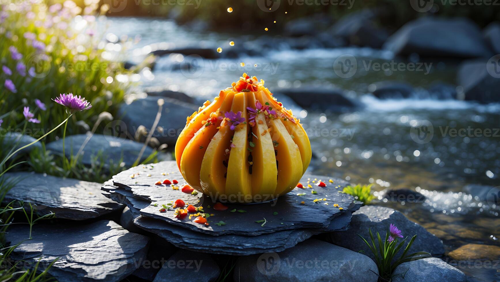 Plated Melon Dish on Slate with River Background and Flowers photo
