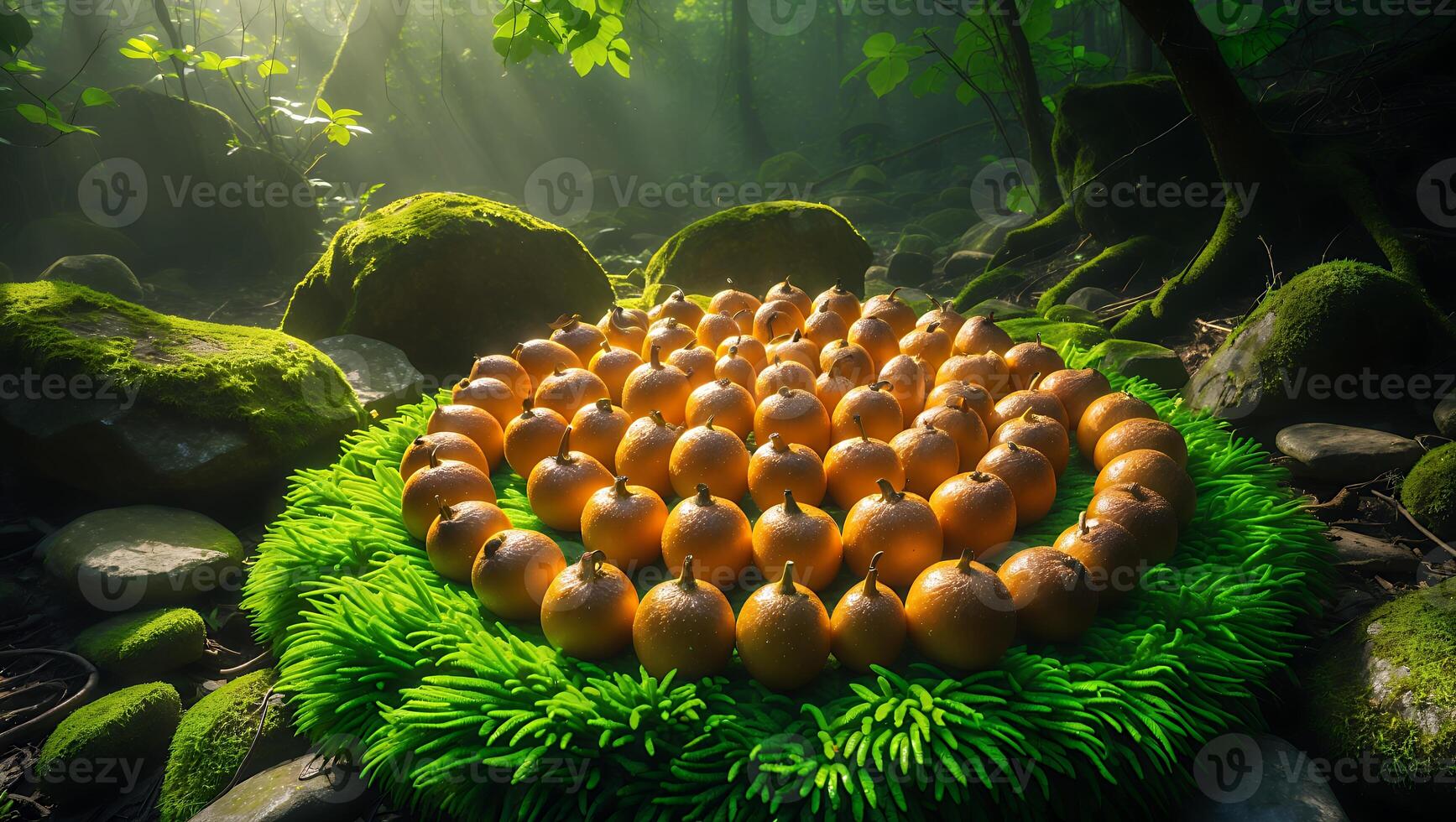 Arrangement of Citrus Fruit on Green Surface in Forest photo