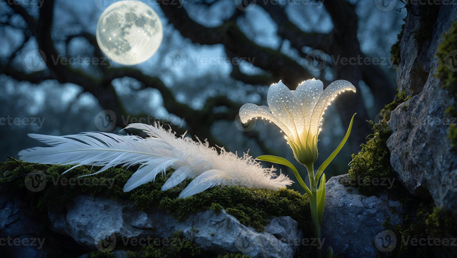 Glowing Lily and Feather Against Moonlit Night Sky Backdrop photo