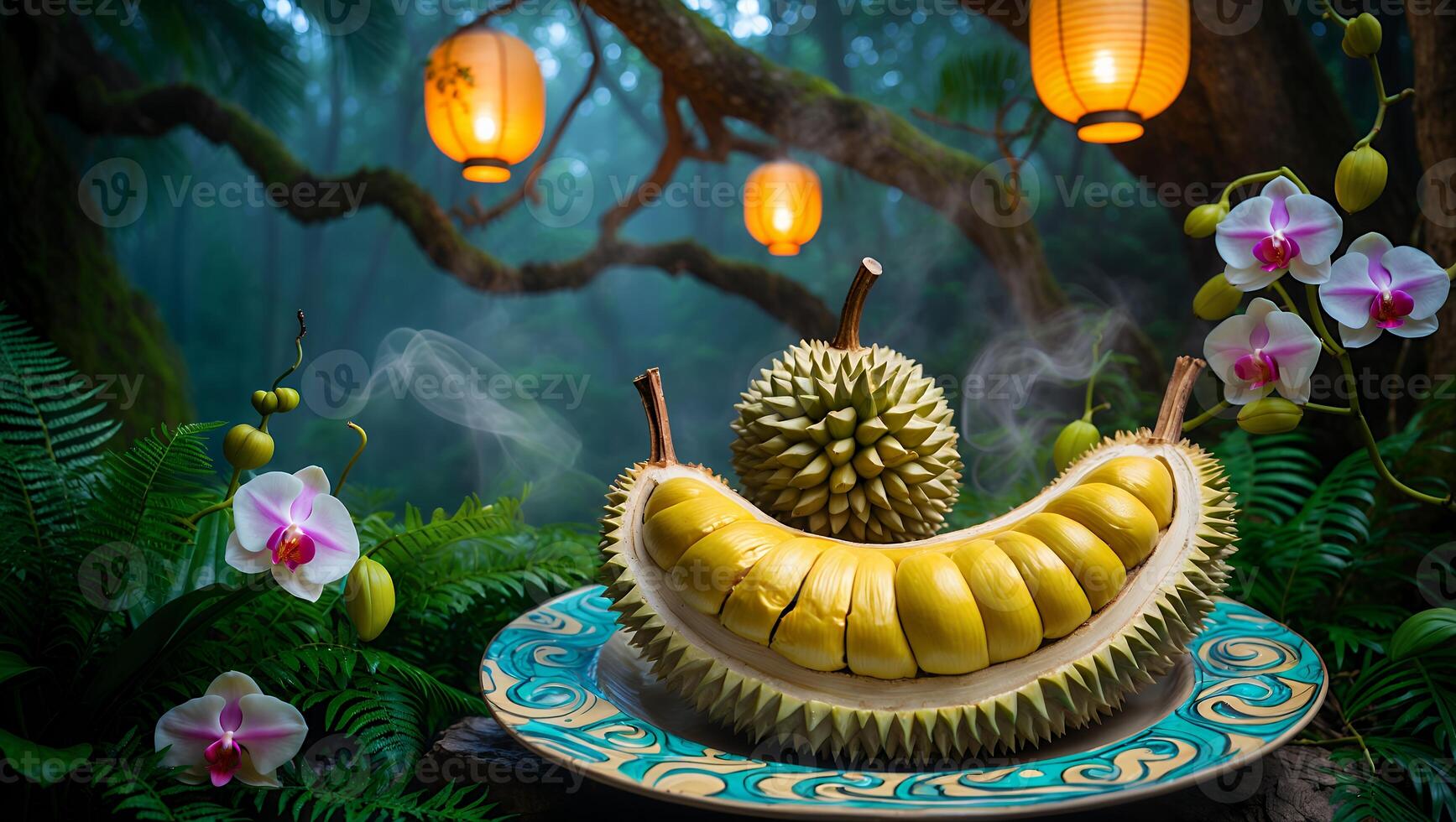 Durian Fruit Displayed in Exotic Forest Setting with Lanterns photo