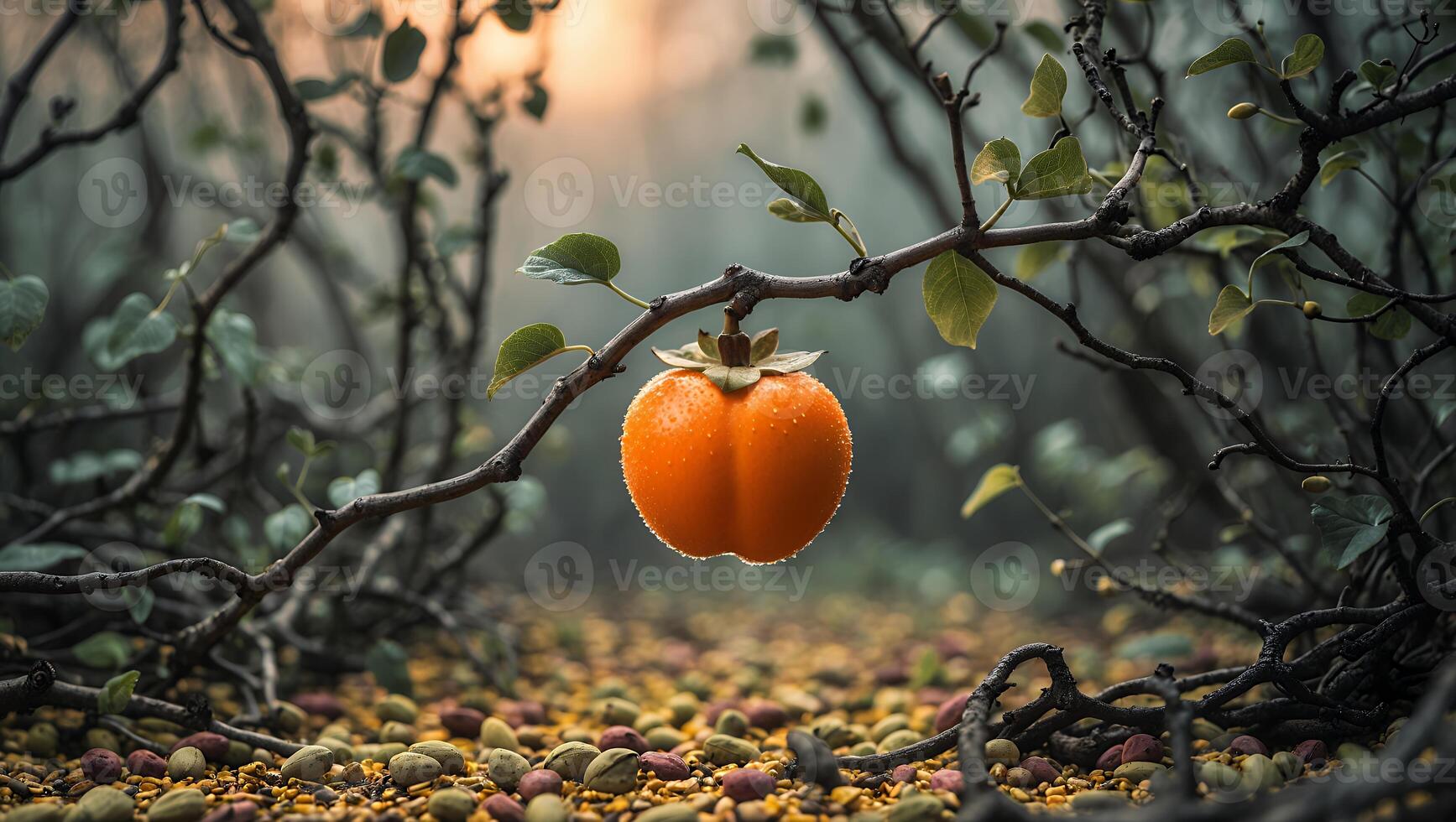 Orange Persimmon Hanging From Branch in Misty Forest Setting photo
