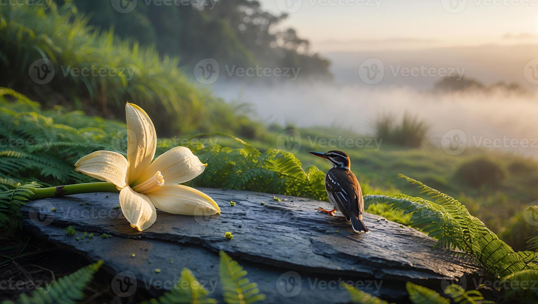Small Bird and Flower on Rock with Foggy Greenery Scenery photo