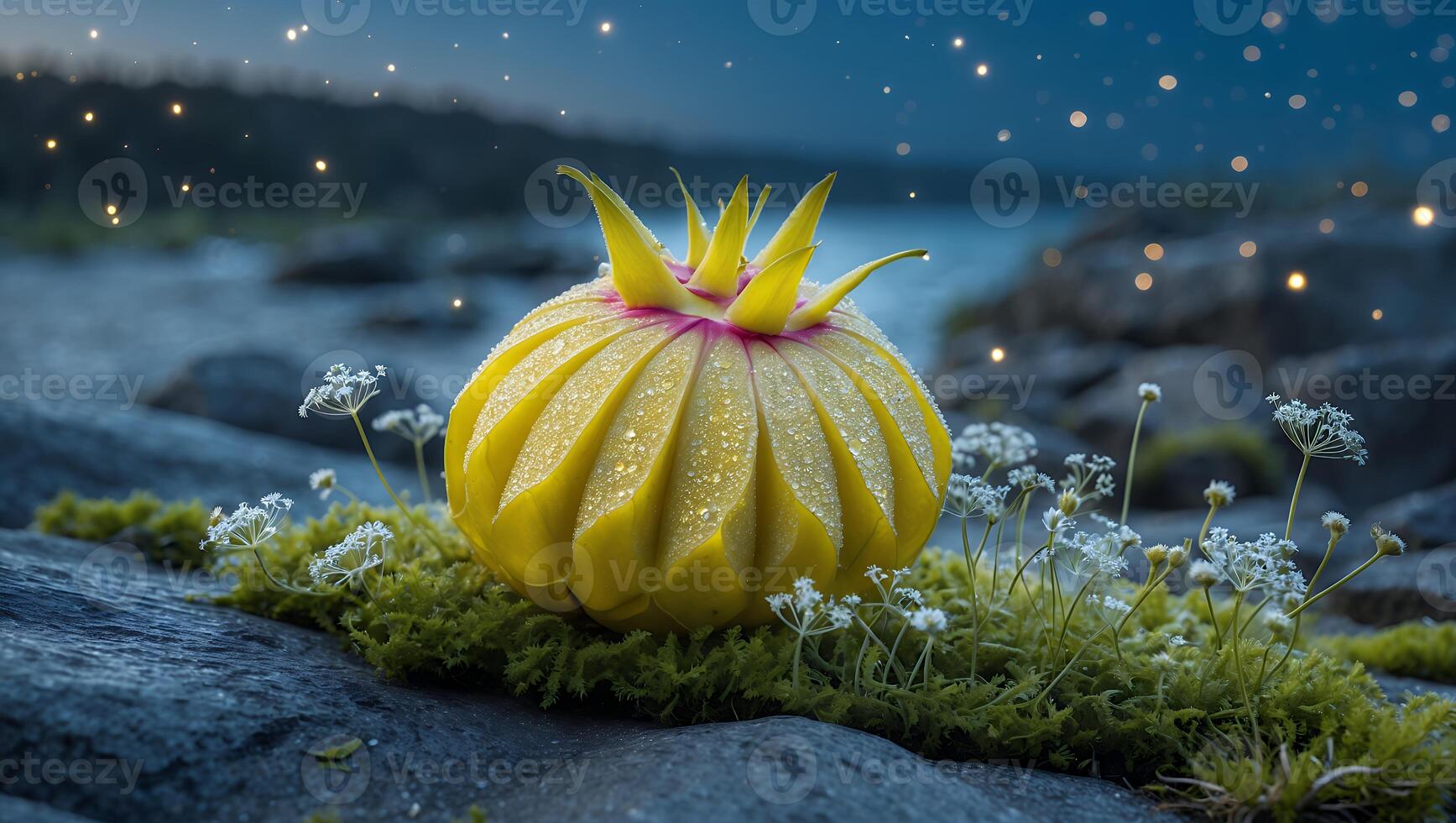 Glowing Exotic Flower on Mossy Rock Near Water at Night photo