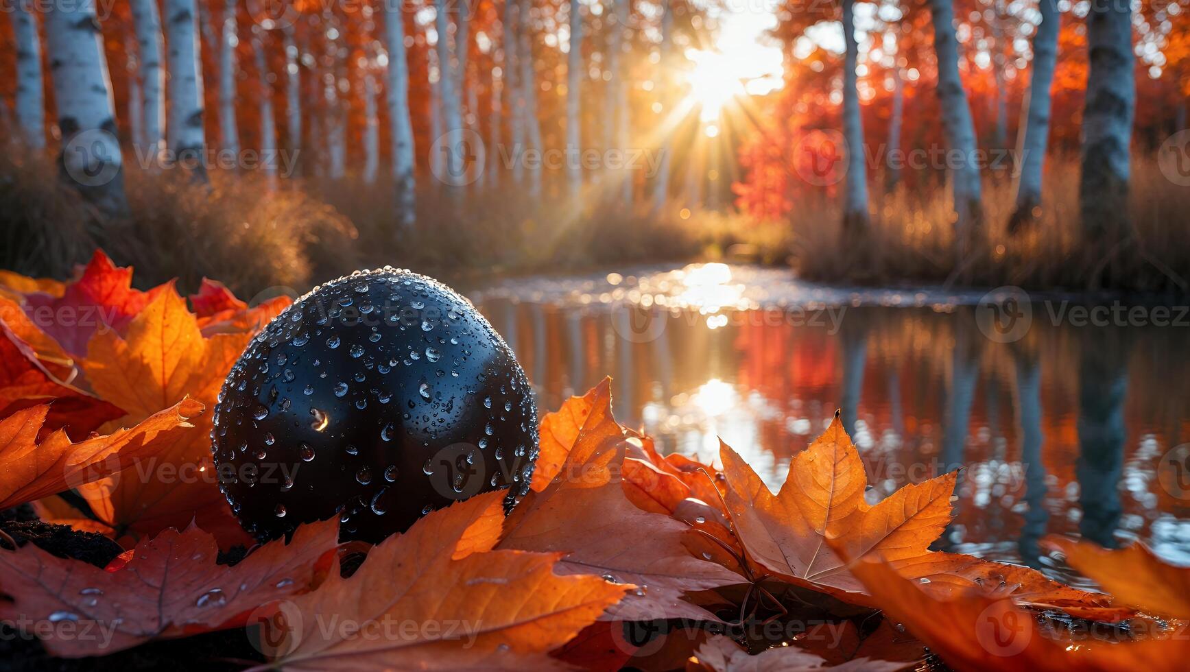 Dew Covered Sphere Among Fallen Autumn Leaves by Reflecting Water photo