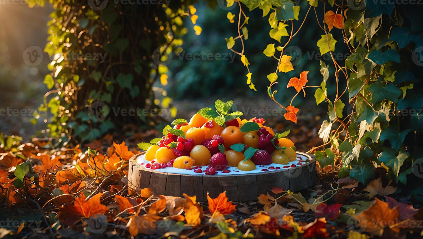 Fruit Platter Displayed on Tree Stump in an Autumnal Forest Setting photo