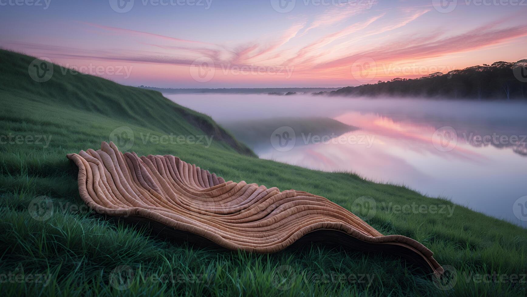 Wavy Object Resting on Grassy Hill with Foggy Lake at Sunrise photo