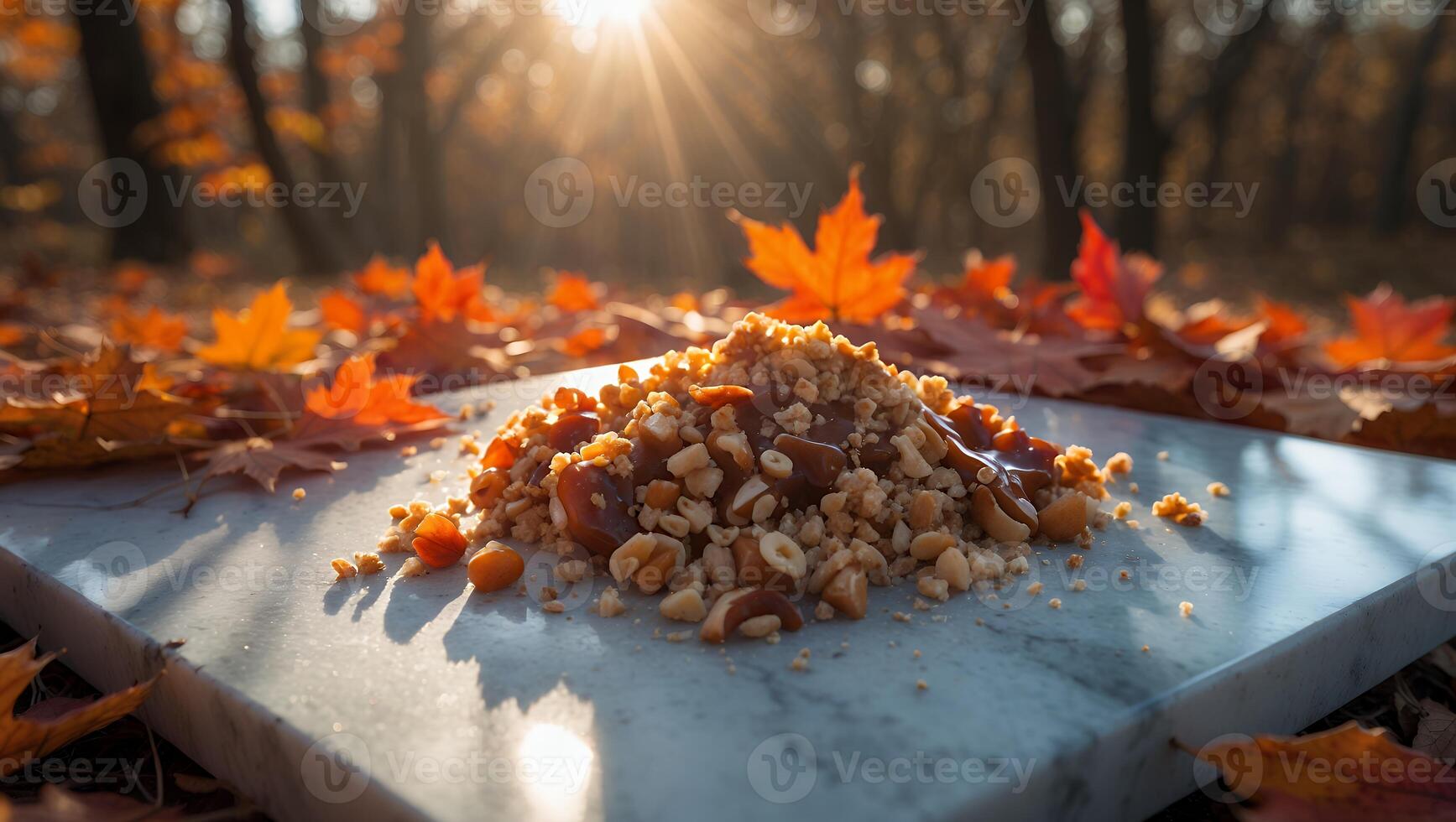 Pile of Nut Clusters with Caramel on Marble in Autumn Setting photo