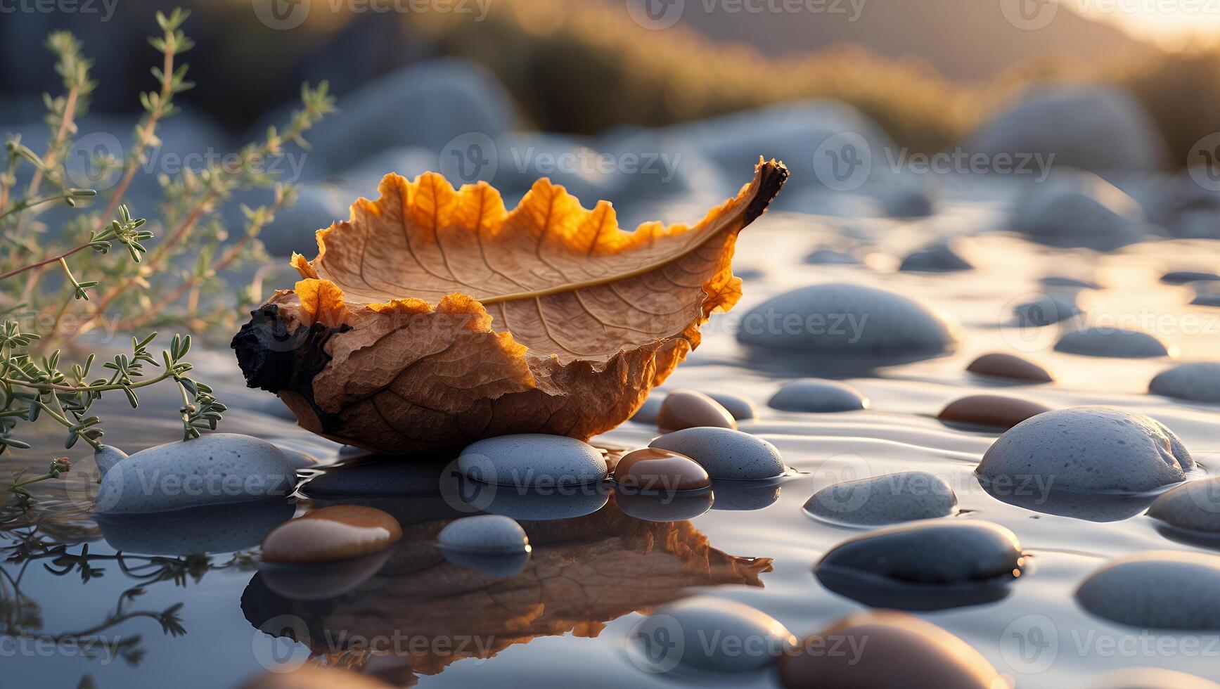 Single Leaf Resting on River Rocks with Reflection in Water photo