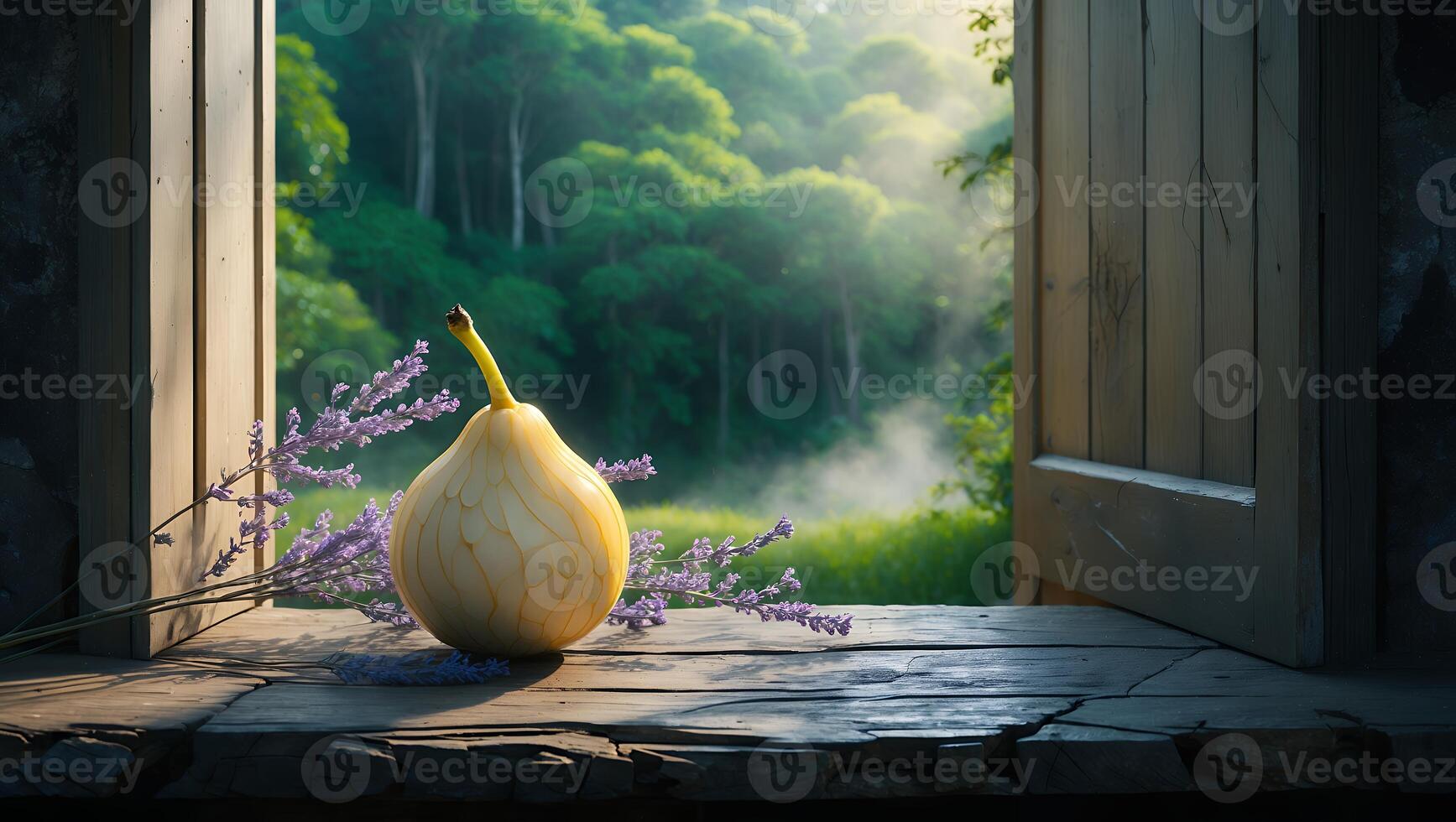 Pear Still Life with Lavender and Forest Through Rustic Window photo