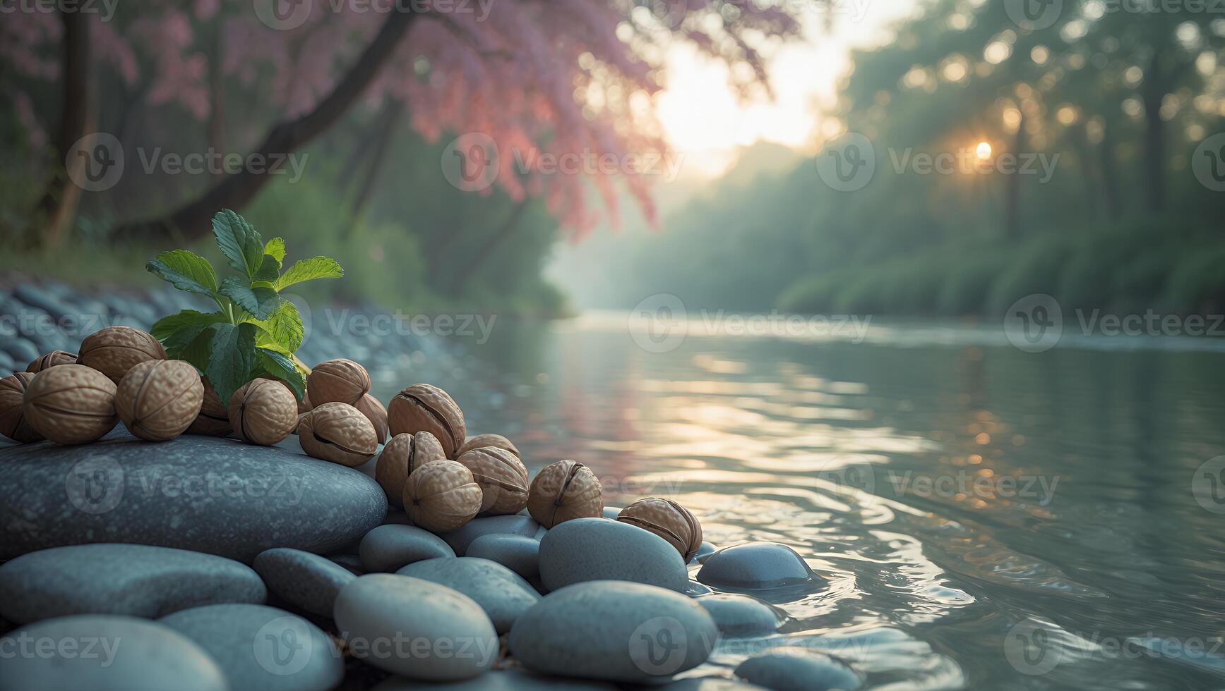 Walnuts and Rocks by a Tranquil River at Sunset photo