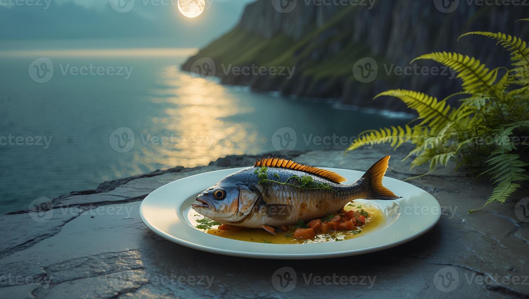 Prepared Fish Plate with Ocean View and Fern Fronds Outdoors photo